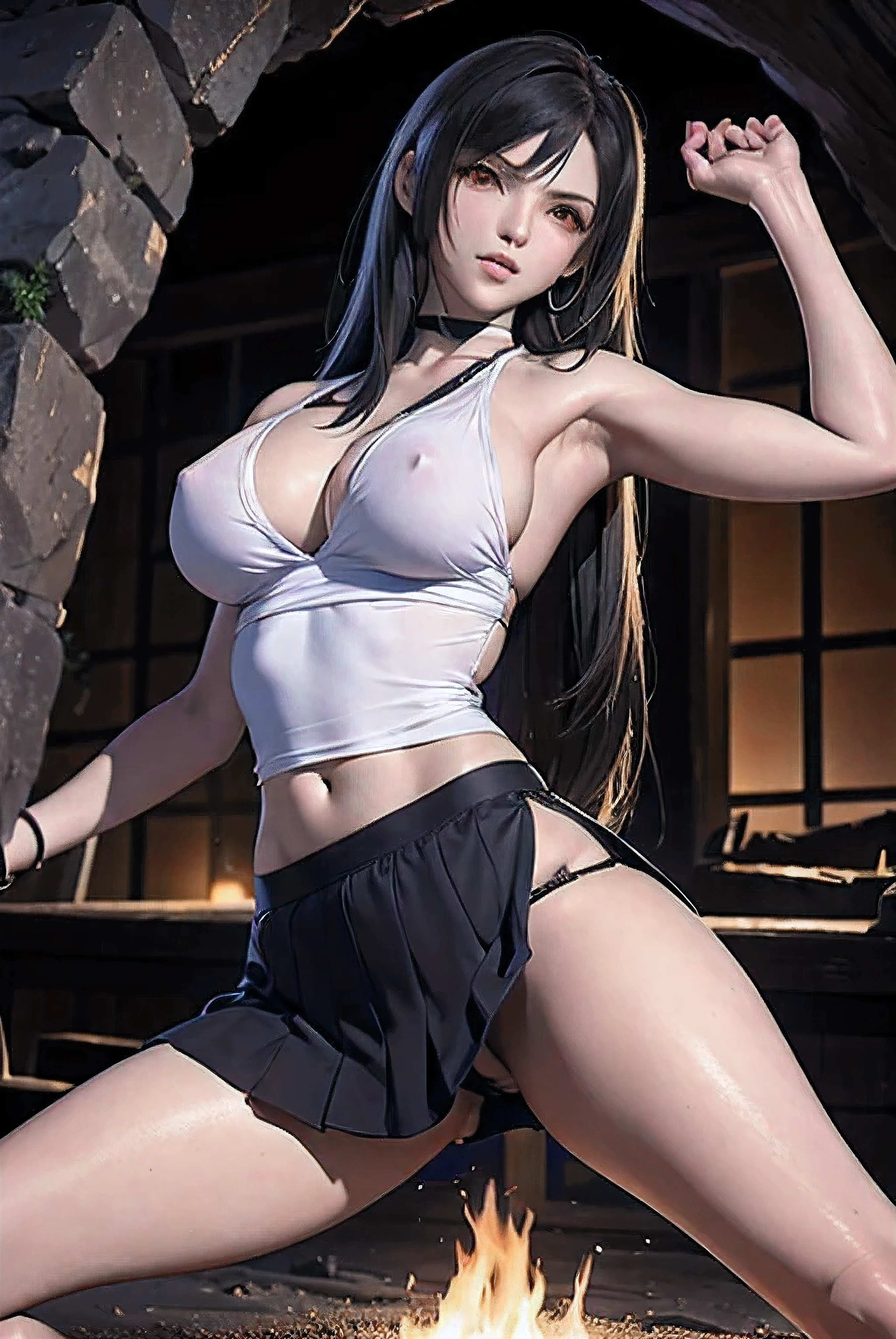 NSFW, white tank top with black trim and black skirt, inside the cave, black long hair, the girl has really red eyes, tifa lockhart, The girl is , beautiful skin, realistic anime, anime realism style, Output in 8K, highest quality,Natural light, professional lighting, shiny skin, silky skin, bonfire lighting, Looking over there, Show me your white panties, Low - Angle shooting, sexy shot, Pose in a deep dungeon, current battle, hi kick, kick, Low - Angle, dark inside the cave, painful face