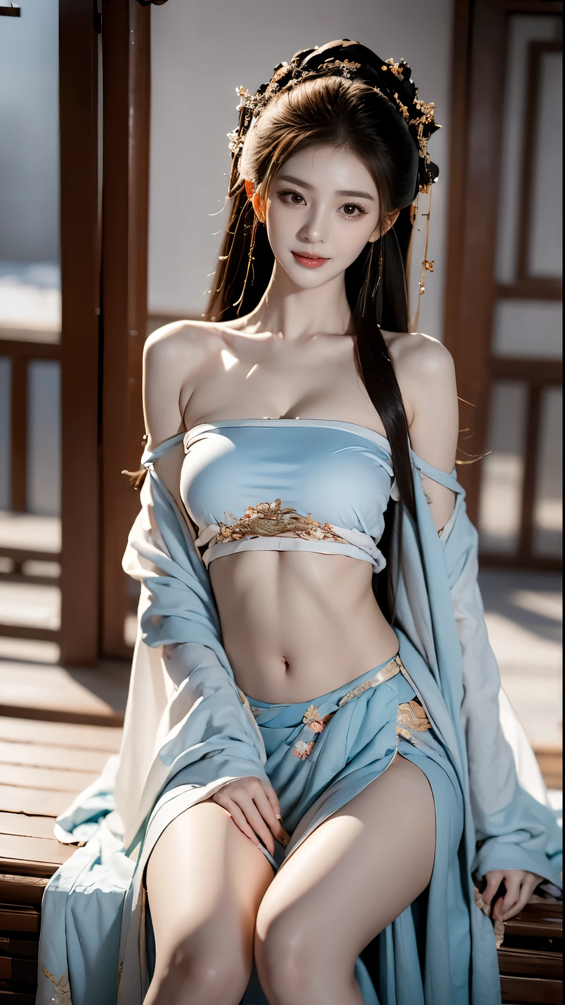 best picture quality,Very detailed,extremely high resolution,perfect body proportions,Works by top photographers。Beautiful Hanfu girl,naked,long eyelashes,big eyes,shining eyes,lying silkworm,plump lips,small nose,a happy expression,Sweet,Exquisite makeup,full-body shot,snow White, Jade legs are thin and straight,snow white skin,White embroidered skirt,necklace,Expose long legs,lace,Sweet,long hair fluttering,best quality,masterpiece,full-body shot,facial focus,The bust is very prominent,thin waist,snow white belly,belly button,imagine,Seven part shoot model: hanfu, CFG scale: 7, Lola: future fashion(0.4)、rainbow(0.4)、martial arts(0.2)、Asian face woman-2(0.4)、poetic fairy tale(0.01)