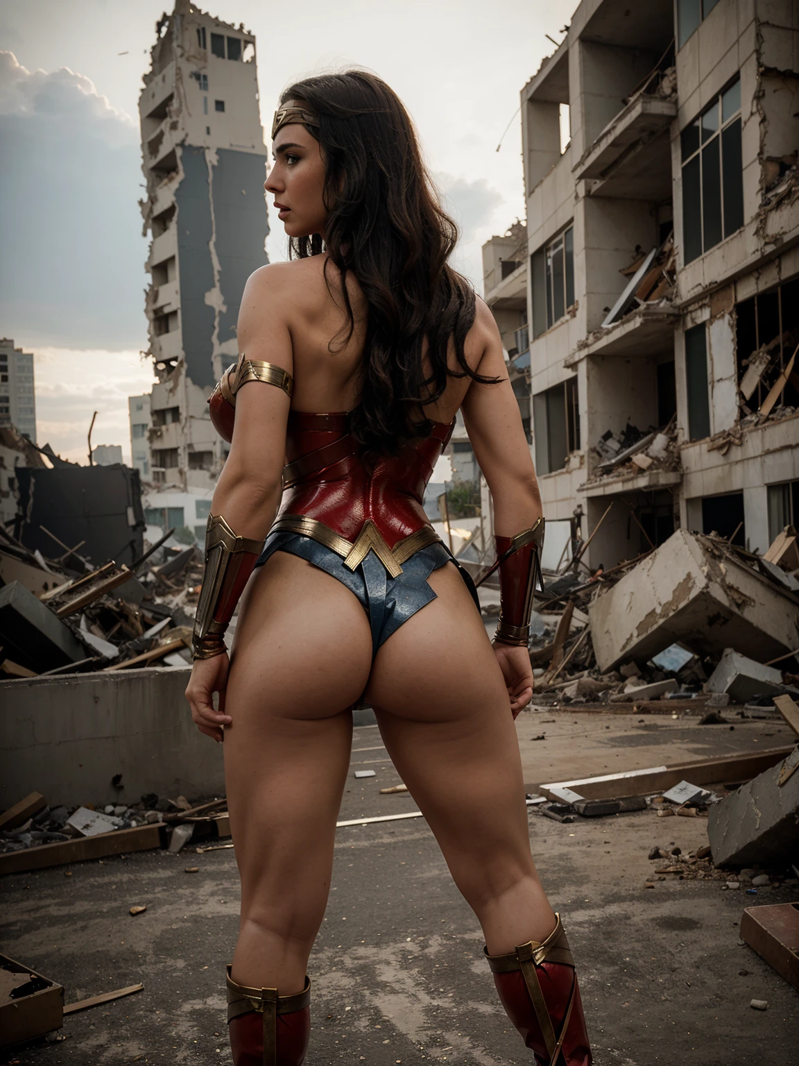 Masterpieces, best quality, a woman wearing a Wonder Woman superhero costume, full body, big breasts, big butts, standing facing the front, ready to fight, background of a destroyed city, very dramatic, HD, 4K, cinematic, high realistic, photo realistic