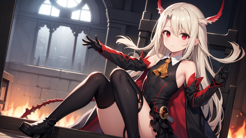 Illyasviel von Einzbern, blonde hair, hair between eyes, long hair, (red eyes:1.5),cool girl boots, Detached sleeves, black gloves，black skirt，(beautiful and delicate eyes)，holy sword，Huangding Qingtian，enlightenment，Sitting on the throne of the sky