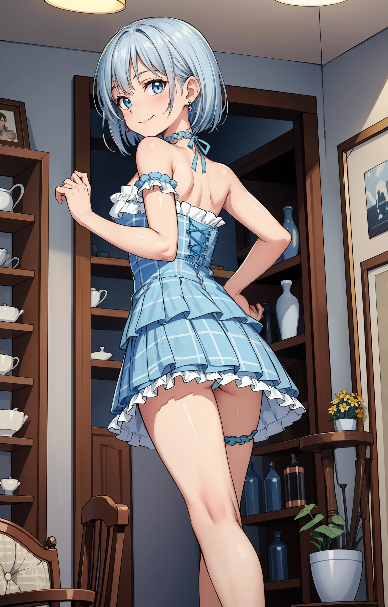 from below:1.4,buckshot:1.3,8k wallpaper, masterpiece, highest quality, figure, perfect anatomy,looking at the viewer,Beautiful girl in her 20s ,（Aqours blue eyes) ,break（(Silver hair）,（silver short hair)),break（Smile:1.2）, medium breasts,break(light blue and white theme:1.5),  break(Tweed light blue strapless short camisole with lace-ups:1.4), break((bare shoulders:1.3), (Ruffled shoulder straps:1.4), break(Light blue frilled tweed_Tiered Micro Mini Skirt:1.4), skirt lift:1.4,（white panties）,break(white pantyhose:1.2), break(light blue choker:1.3), (earrings:1.2), break （(standing pose,open legs, from behind)）,break（Inside the antique shop),panty shot:1.3