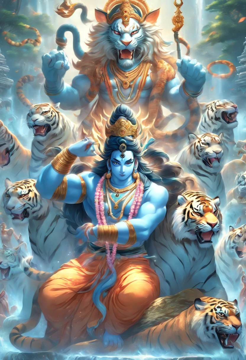 (((hindu god))) best quality, Ultra high resolution, 4K detailed CG, Masterpiece, Shiva,snake on the neck, light blue, indian,trident, four arms, Hindu mythology, Sitting on a tiger skin rug, ((Sitting tiger carpet) ) hindu pictures, about beauty, beautiful, center of screen