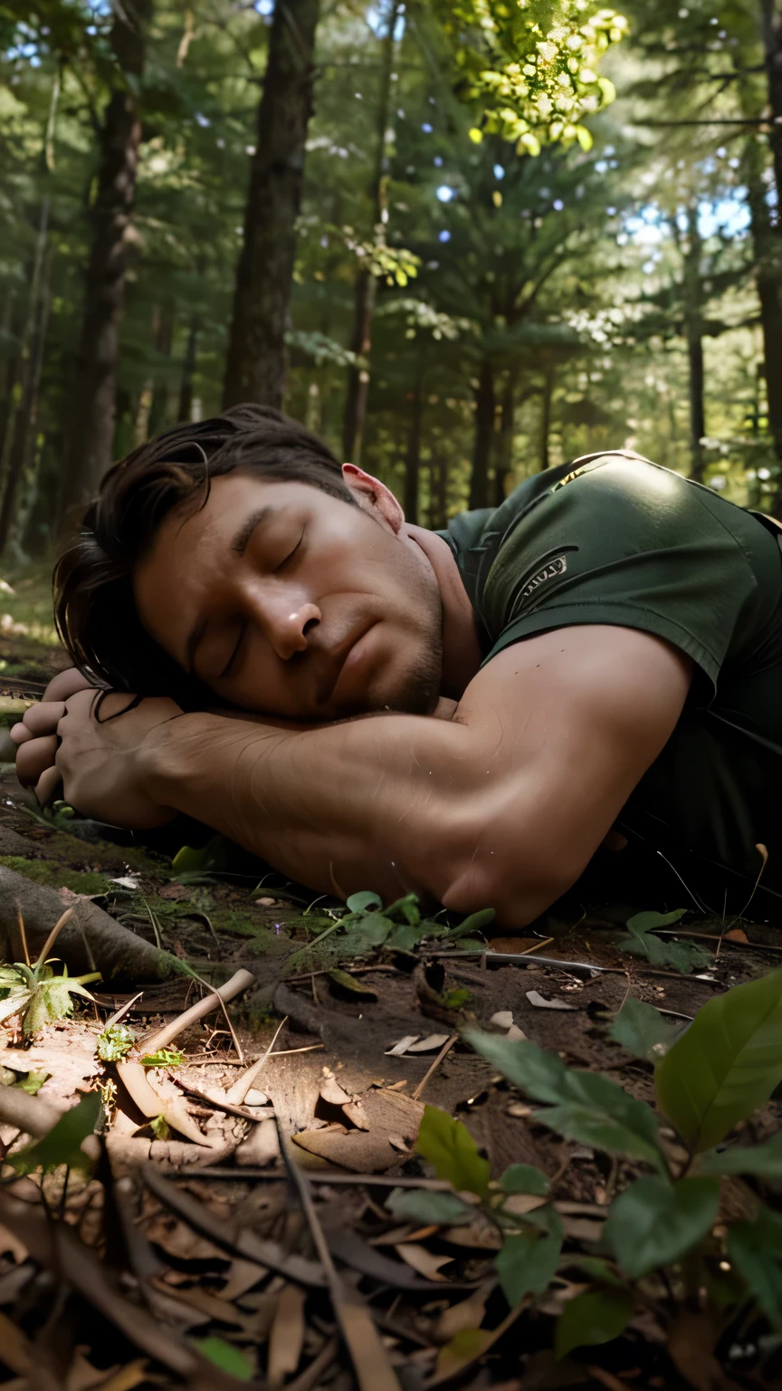 a man sleeping on the ground in a wild forest by day, explorer outfit, eyes closed