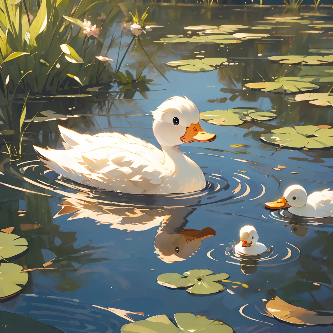 (masterpiece:1.2), best quality,PIXIV,duck, reflection,reflective water