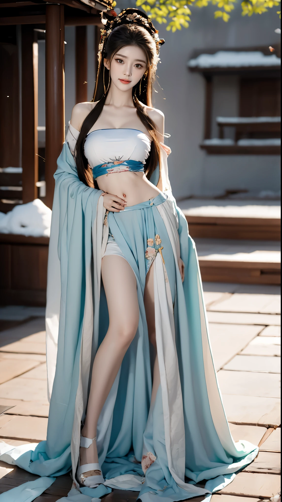 best picture quality，Very detailed，extremely high resolution，perfect body proportions，Works by top photographers。Beautiful Hanfu girl，naked，long eyelashes，big eyes，shining eyes，lying silkworm，plump lips，small nose，a happy expression，Sweet，Exquisite makeup，full-body shot，snow White, Jade legs are thin and straight，snow white skin，White embroidered skirt，necklace，Expose long legs，lace，Sweet，long hair fluttering，best quality，masterpiece，full-body shot，facial focus，The bust is very prominent，thin waist，snow white belly，belly button，imagine，Seven part shoot model: hanfu, CFG scale: 7, Lola: future fashion(0.4)、rainbow(0.4)、martial arts(0.2)、Asian face woman-2(0.4)、poetic fairy tale(0.01)