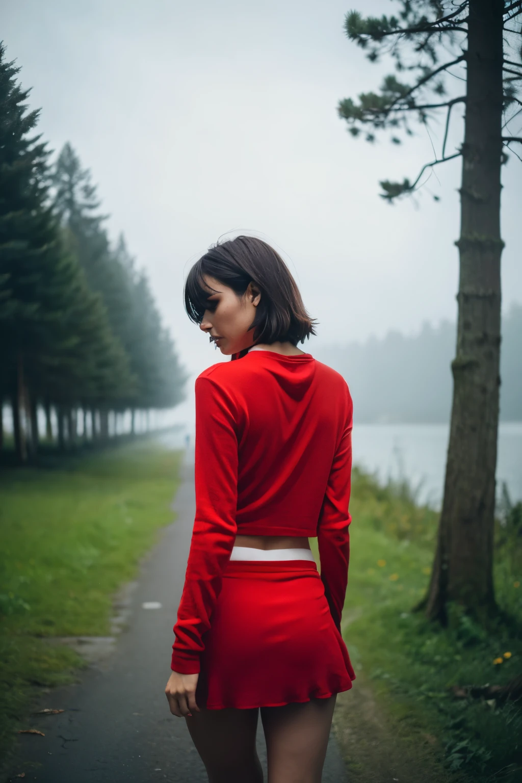 in the forest, in the distance,looking sideways,back view,Standing in the center,Red clothes,mini skirt,No panties,Leica,35mmf1.4,In the fog,dramatic writing,Photoreal,big lake in front,