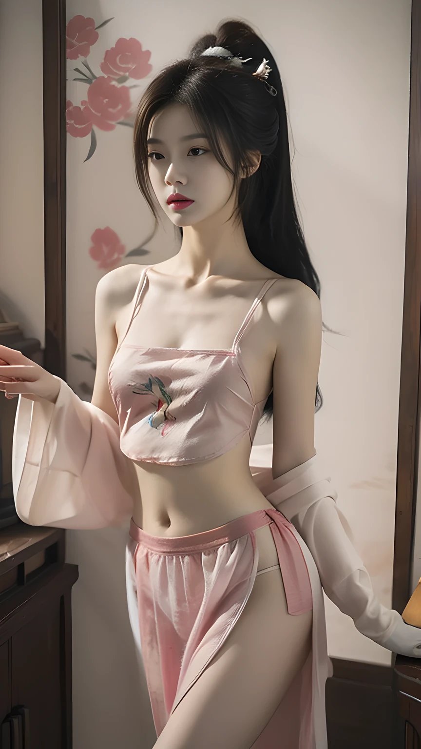 best quality, masterpiece, 1 girl, perfect beautiful face, (photo photo:1.3), edge lighting, photography lighting, (high detail skin:1.2), 8k ultra hd, DSLR, high quality, high resolution, white skin, detailed textured skin, half body in frame, sexy posing, poker face, perfect propotion face, symetric face, eye level shot, 4k, 8k, bokeh, absurd, best ratio four fingers and one thumb, (realistic:1.3), beautiful detailed girl, cute 1girl, dark brown hair, long hair, ponytail, bangs, volume hairs, collosal-breast, full looking breast, projecting breast, slim waist, slender, small thighs, perfectly proportion, dudou,chinese underwear, , half updo, collarbone, midriff, hanfu, shirt, see-through, chinese clothes, skirt, sleeveless, dress,camisole, jewelry,hair ornament, bare shoulders, arm up, chinese background, detailed background