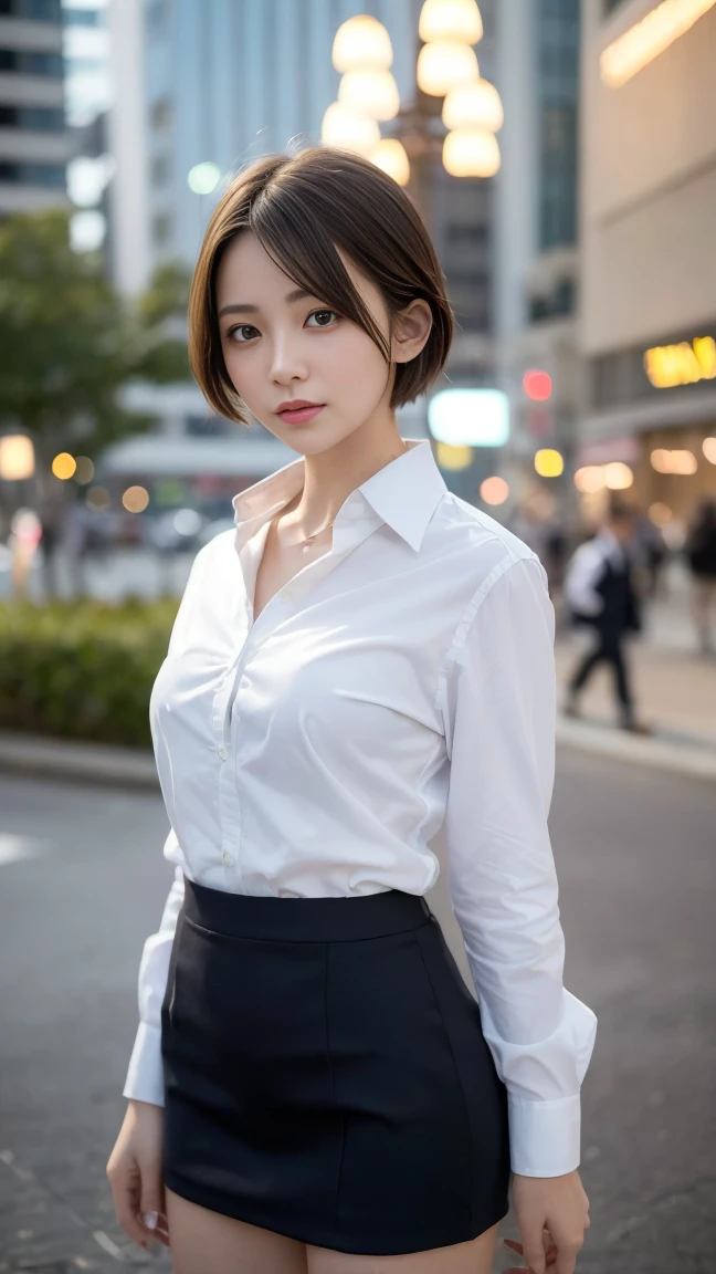 ((highest quality, 8K, masterpiece: 1.3, RAW photo)), sharp focus: 1.2, (alone), (1 Aespa Girl: 1.2), (realistic, realistic: 1.37), (face focus: 1.1), cute face, small breasts, flat chest, messy short hair, (business shirt: 1.1), Beautiful woman standing in the city under the light of a lamp, cinematic lighting, thigh, flare skirt,