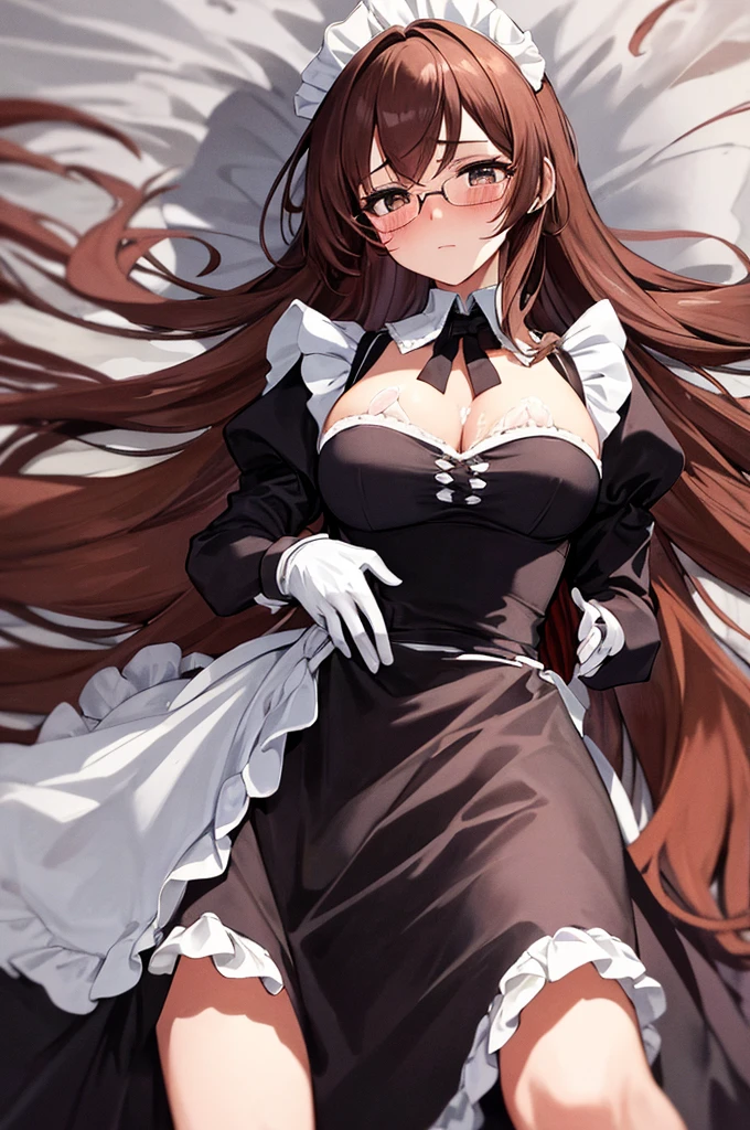 Masterpiece, Best Quality, extremly detailed, Cinematic lighting, intricate detials, hight resolution, official arts, finely detailed beautiful face and eyes, high-resolution illustration, 8K, dark intense shadows, 1girl, medium breast, long brown hair, copper hair tips, brown eyes, glasses, (swept bangs), maid uniform, dark blue dress, black shirt, puffy sleeves, long sleeves, white gloves, maid headdress, broken look, broken, blushing, tears, lying on the floor, cum, blood, cum and blood flowing out of pussy, bare breasts, pubic hair