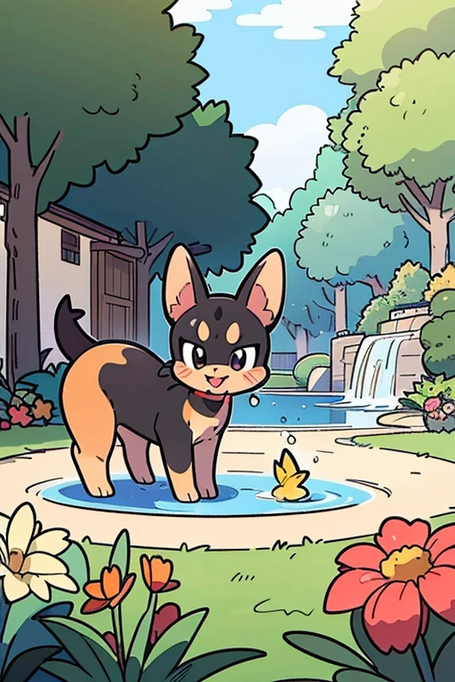A small pinscher dog breed in happy brown color with her tongue sticking out, Garden fountain, butterfly, distant houses, mirror effect, black and white, coloring book, black lines only, no colors, remove colors, white with black lines, lines only