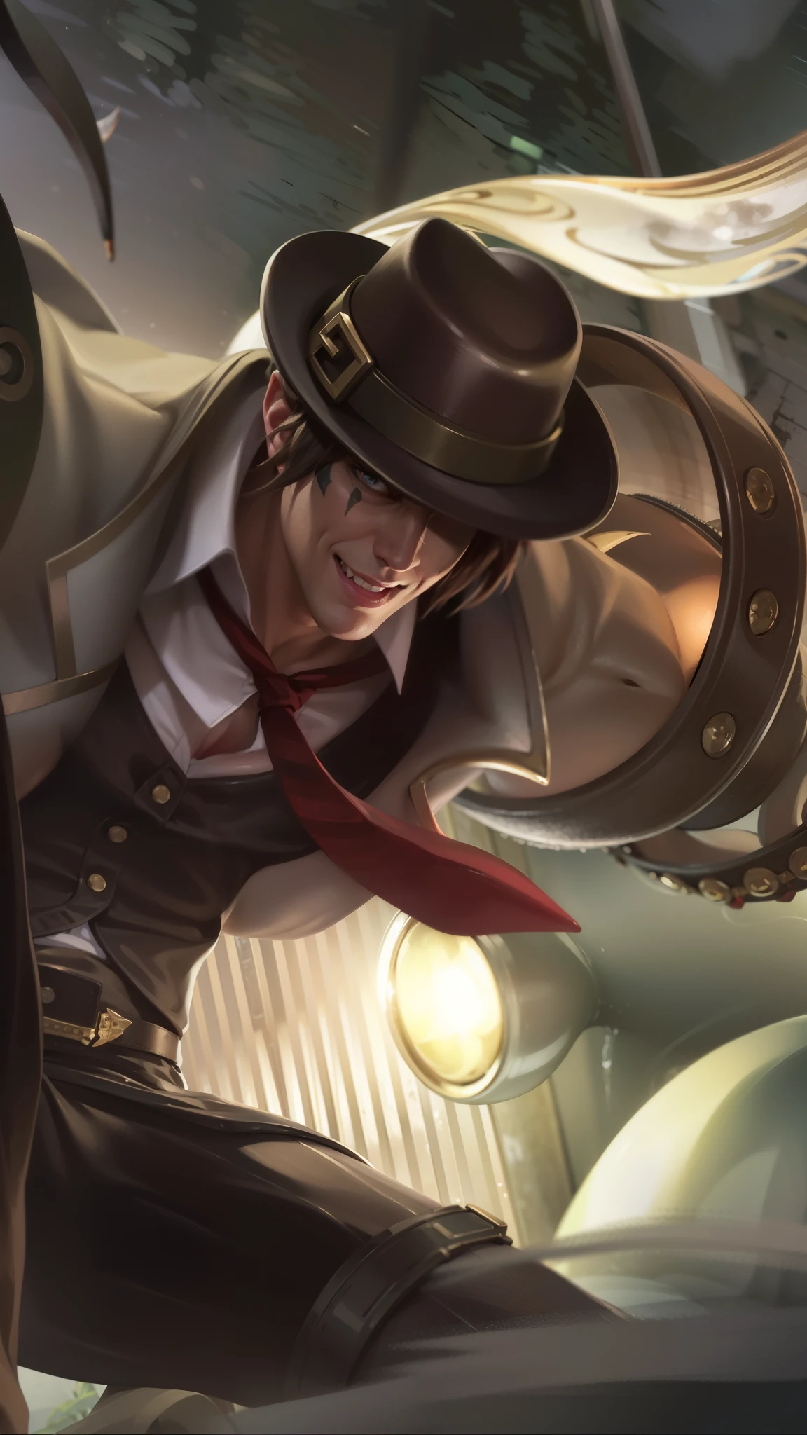 masculine male, masterpiece, ((perfect eyes)) best quality, (semirealism:1.9), beautiful lighting, (extremely detailed CG unity 4k fhd wallpaper), High Detail, Sharp focus, dramatic outdoors,40 years old, brown short hair, blue eyes, smile, Boy with two big horns, big earrings on ears, elf ear, red eyes, Thick eyebrows, evil smile, grinning,red body, red face, Burning skin, yellow diamonds glistening on chest, burning red skin,golden robe behind, big white belt , 8k , realistic, scary.