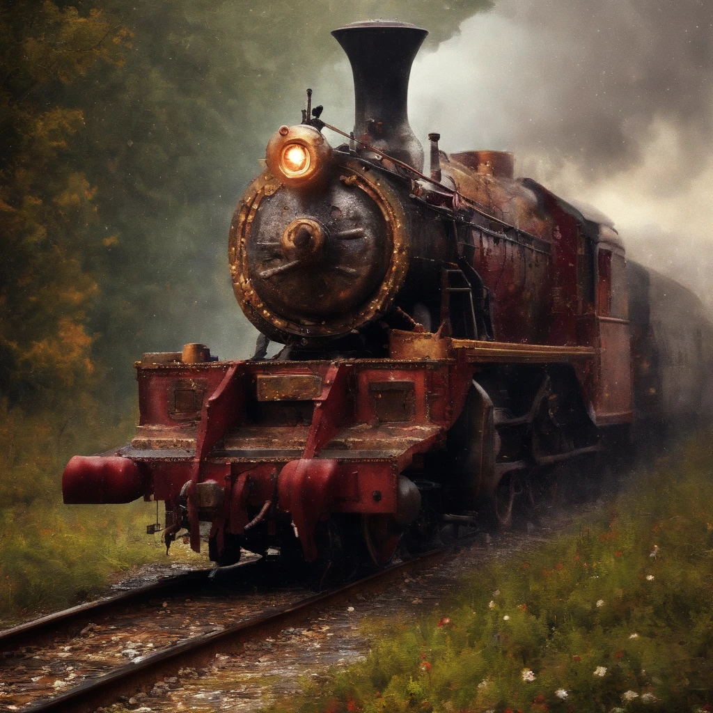 Un train circule entre deux mondes et un Teint clair, Fille environ 9 ans, cheveux blancs naturels, Yeux violets distinctifs, porter une tenue Steampunk, mince et gracieux, beau, Aux chandelles dans un décor médiéval, Mise au point ultra nette, tir réaliste, Vêtements féminins médiévaux, couleurs rouges briques 