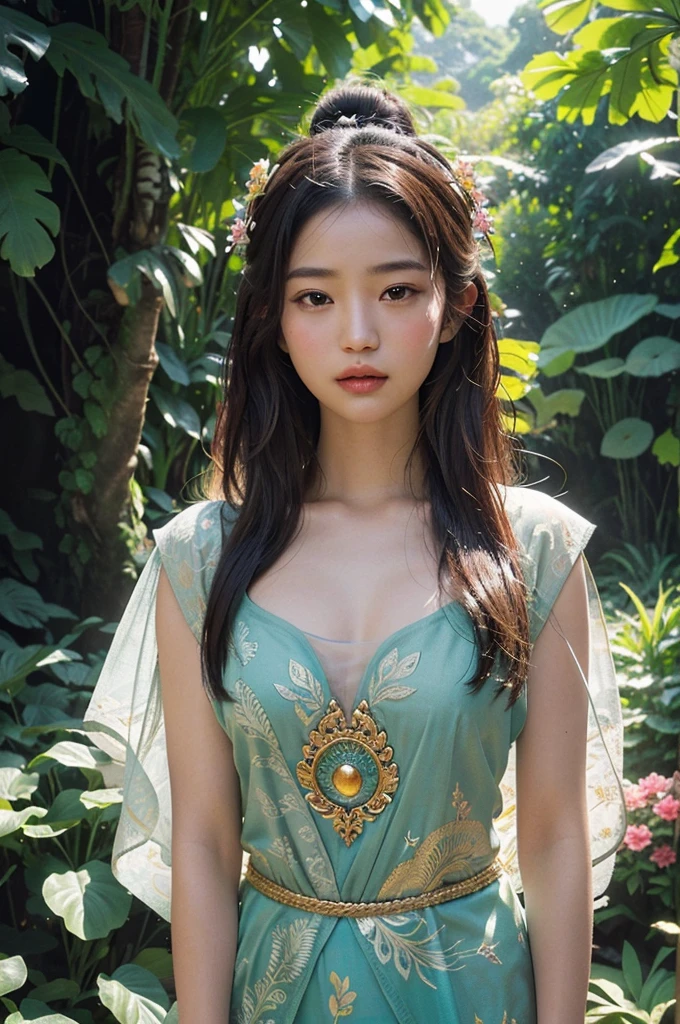 with beautiful detailed eyes and lips, traditional Balinese attire, standing gracefully in a vibrant garden. The illustration captures the intricate details of her dress, highlighting the vibrant colors and patterns. The masterful rendering brings out the realism in the girl's expression, showcasing her serene and elegant demeanor. The high-resolution image showcases the finest details of the artwork, allowing viewers to appreciate the artist's skill and craftsmanship. The lighting in the scene accentuates the girl's features, casting soft, warm highlights on her face. The artwork portrays the Balinese girl as the focal point, capturing her in a moment of tranquility amidst the lush greenery of the garden. The overall color palette evokes a sense of vibrancy and liveliness, showcasing the beauty of Balinese culture and its connection with nature. The masterpiece-quality illustration offers a captivating and immersive visual experience, making it a perfect choice for a stunning 8K wallpaper or a fine art print.