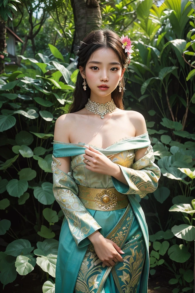 with beautiful detailed eyes and lips, traditional Balinese attire, standing gracefully in a vibrant garden. The illustration captures the intricate details of her dress, highlighting the vibrant colors and patterns. The masterful rendering brings out the realism in the girl's expression, showcasing her serene and elegant demeanor. The high-resolution image showcases the finest details of the artwork, allowing viewers to appreciate the artist's skill and craftsmanship. The lighting in the scene accentuates the girl's features, casting soft, warm highlights on her face. The artwork portrays the Balinese girl as the focal point, capturing her in a moment of tranquility amidst the lush greenery of the garden. The overall color palette evokes a sense of vibrancy and liveliness, showcasing the beauty of Balinese culture and its connection with nature. The masterpiece-quality illustration offers a captivating and immersive visual experience, making it a perfect choice for a stunning 8K wallpaper or a fine art print.