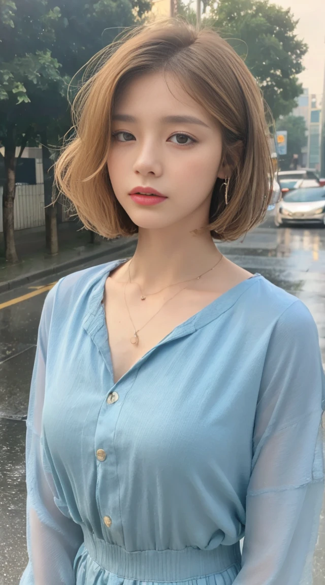 ((highest quality, 8K, masterpiece:1.3)), concentrated: 1.2, perfect body beauty: 1.4, buttocks: 1.2, ((layered haircut, chest: 1.2)), (wet clothes: 1.1) , (rain, street:1.3), bandeau dress: 1.1, Highly detailed face and skin texture, delicate eyes, double eyelid, whitened skin, long hair