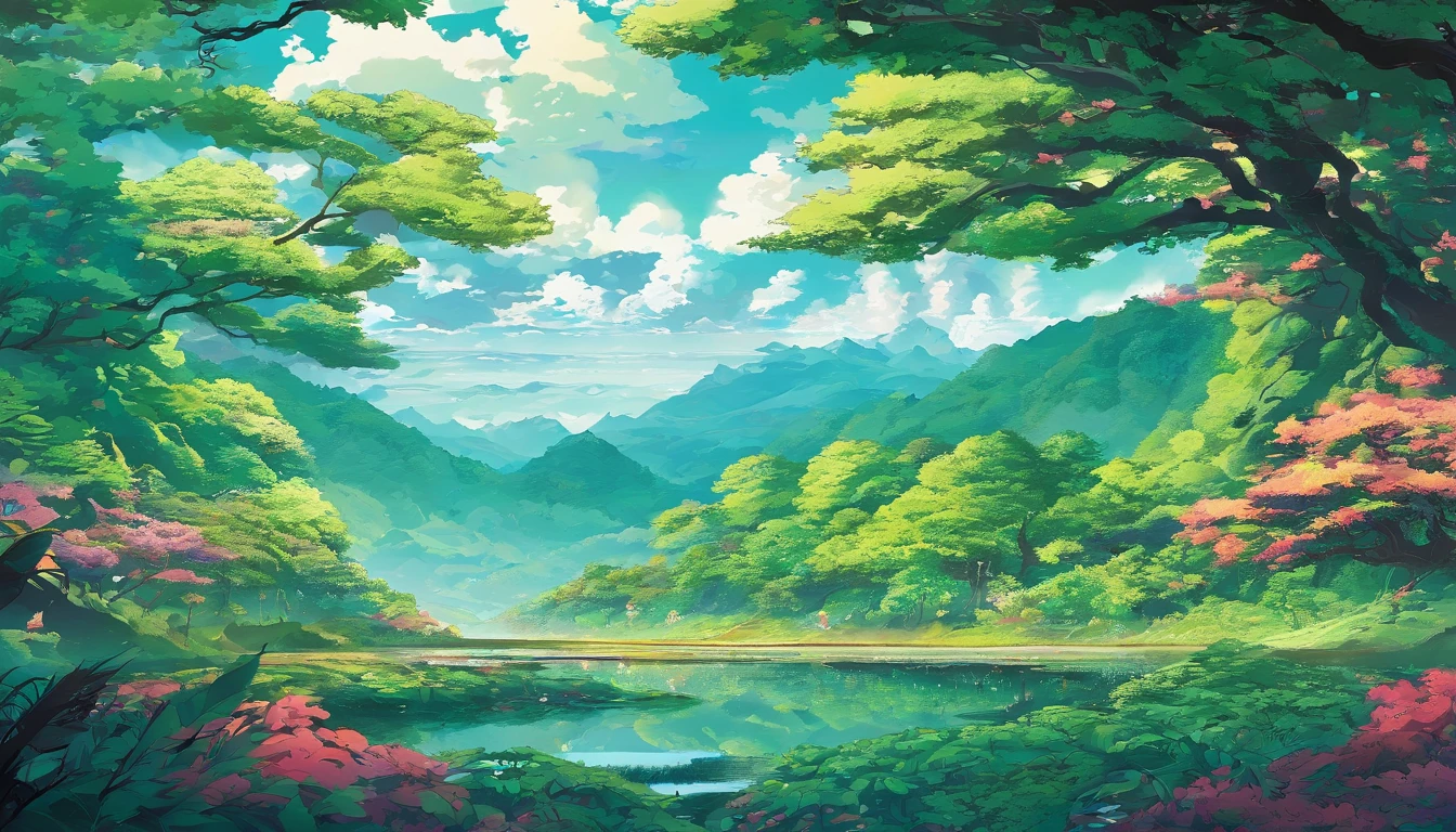 A forest with huge trees. The atmosphere is cold and dew wets the plants on the ground. In the distance you can see a deer and behind it you can see mountains immersed in clouds