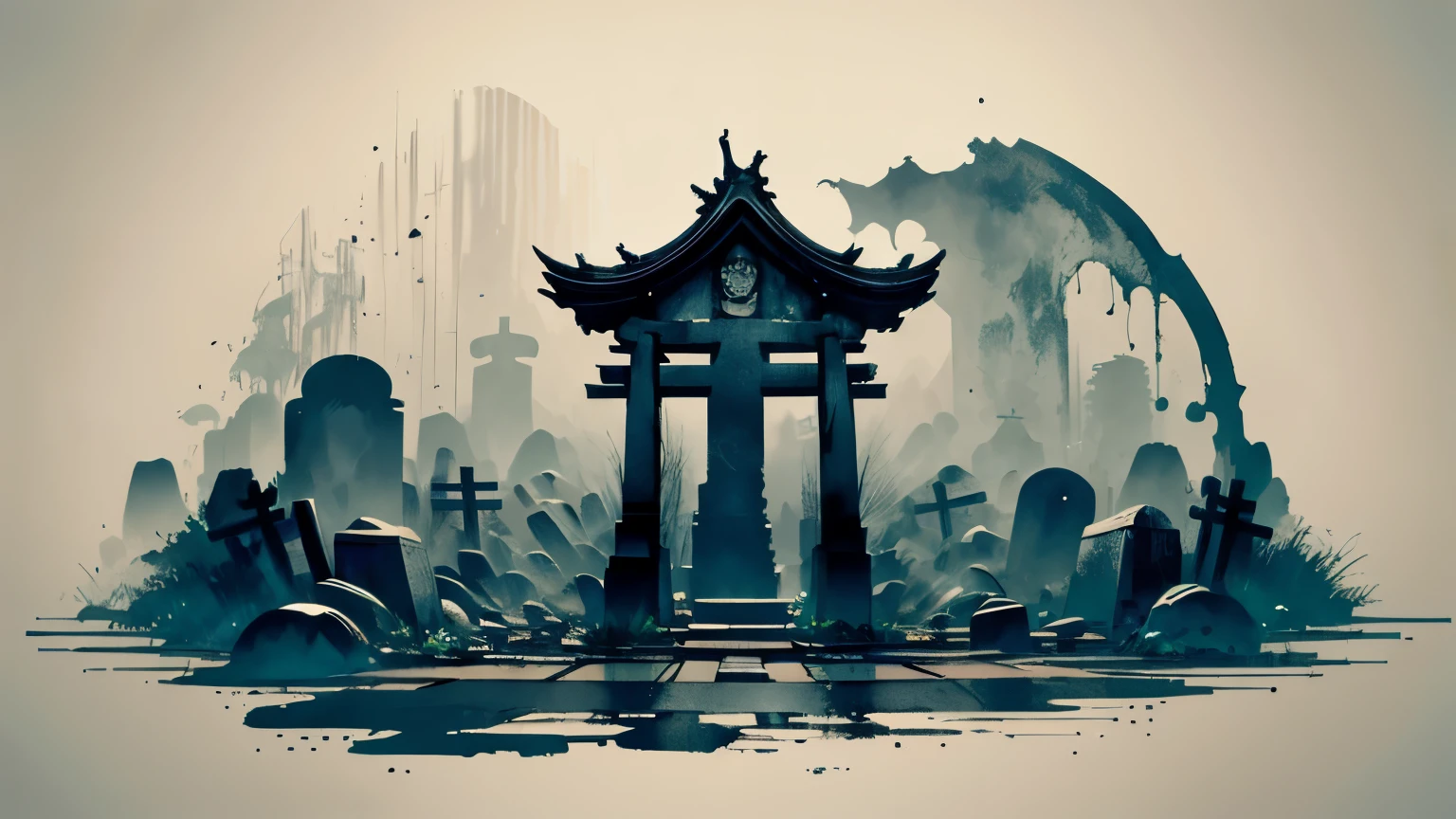 anime illustration of a graveyard, sad, rain, graveyard scenery, grave, veil, ink smudges, rain, inky, abstract, Chinese aesthetic, Absurd, high resolution, ultra-detailed, (1 girl:1.3),