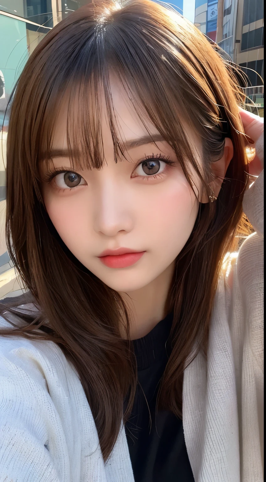 table top, highest quality, shape, Super detailed, finely, High resolution, 8k wallpaper, 完璧なダイナミックな構shape, beautiful and detailed eyes, Latest trend fashion Tokyo winter wear,medium hair, small breasts, natural color lip,20 year old girl、midnight、beautiful and detailed face、perfect and beautiful face、slim face and style,spread your arms wide,Big eyes,Take a photo from below the knees at a face angle、small face、beautiful detailed face、perfect and beautiful double eyelids