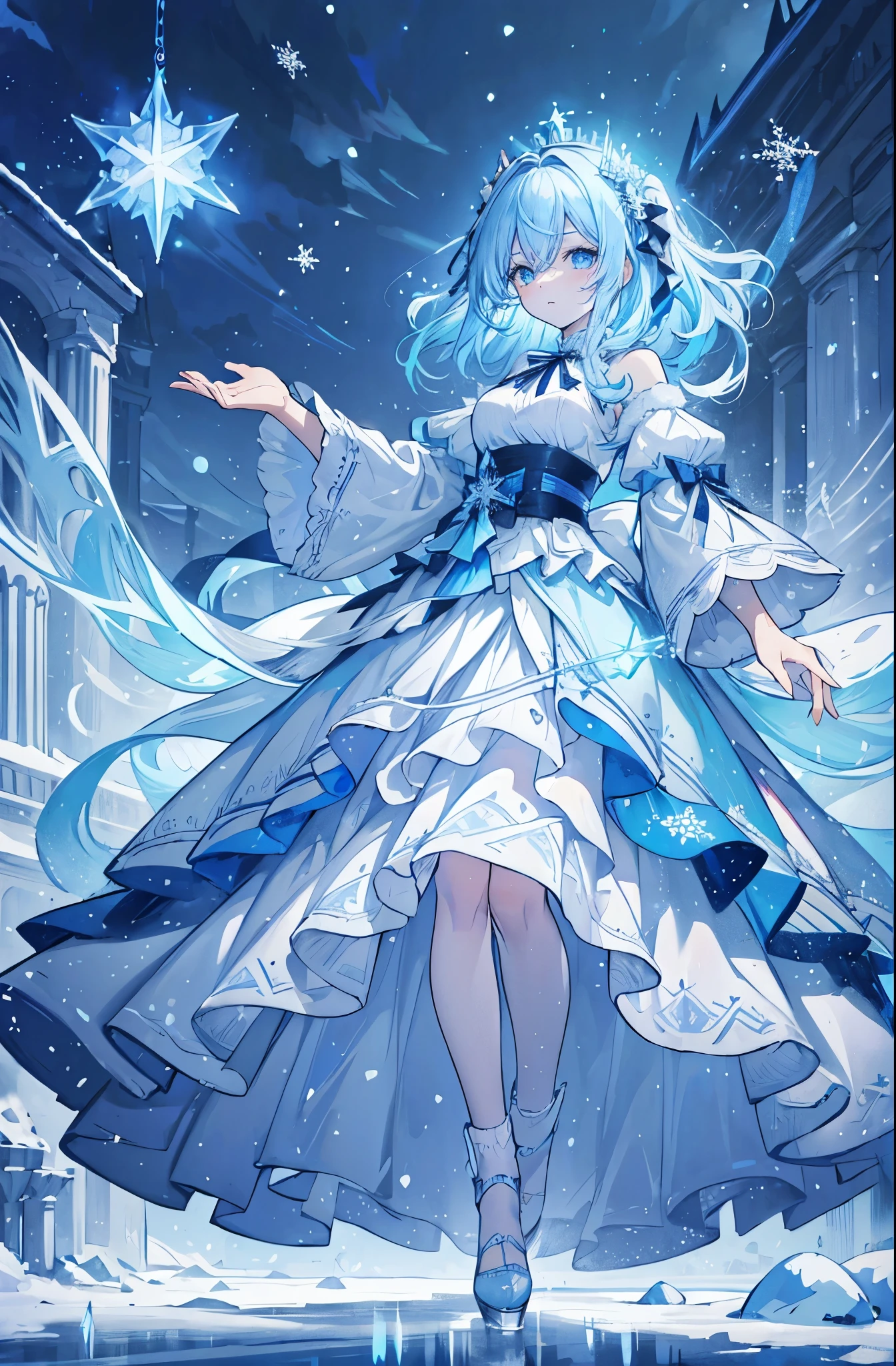 (masterpiece:1.2, best quality)), Royal sister，alone, Holy，Serious，Ice blue gradient hair,Crown of Ice, Long ice blue hair, Long floor-length skirt, Ice blue dress, hanging in the air，Heavy snowfall，ice-blue-eyes, ribbon, Snow，snowflake pattern，magic, dark clouds,raise one hand