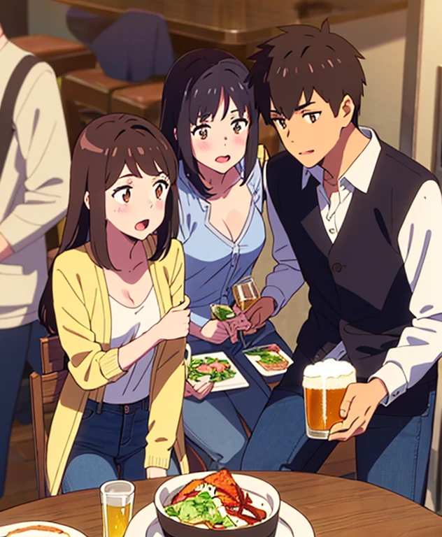 shinkai makoto, kimi no na wa., 1boy, buzzcut, office attire, boy's arms placed over girl's shoulder, drunk, boy sit beside girl, 1girl, bangs, black hair, brown eyes, open mouth, blush, twisted half up, red ribbon, long hair, long sleeve light yellow cardigan, open shirt, white shirt, cleavage, breast, medium breast, blue pants, drinking party,nomikai, table, food drinks, beer, indoors, masterpiece, perfect anatomy, cowboyshot, 3boys, 3girls, cinematic angle, night, triple date 