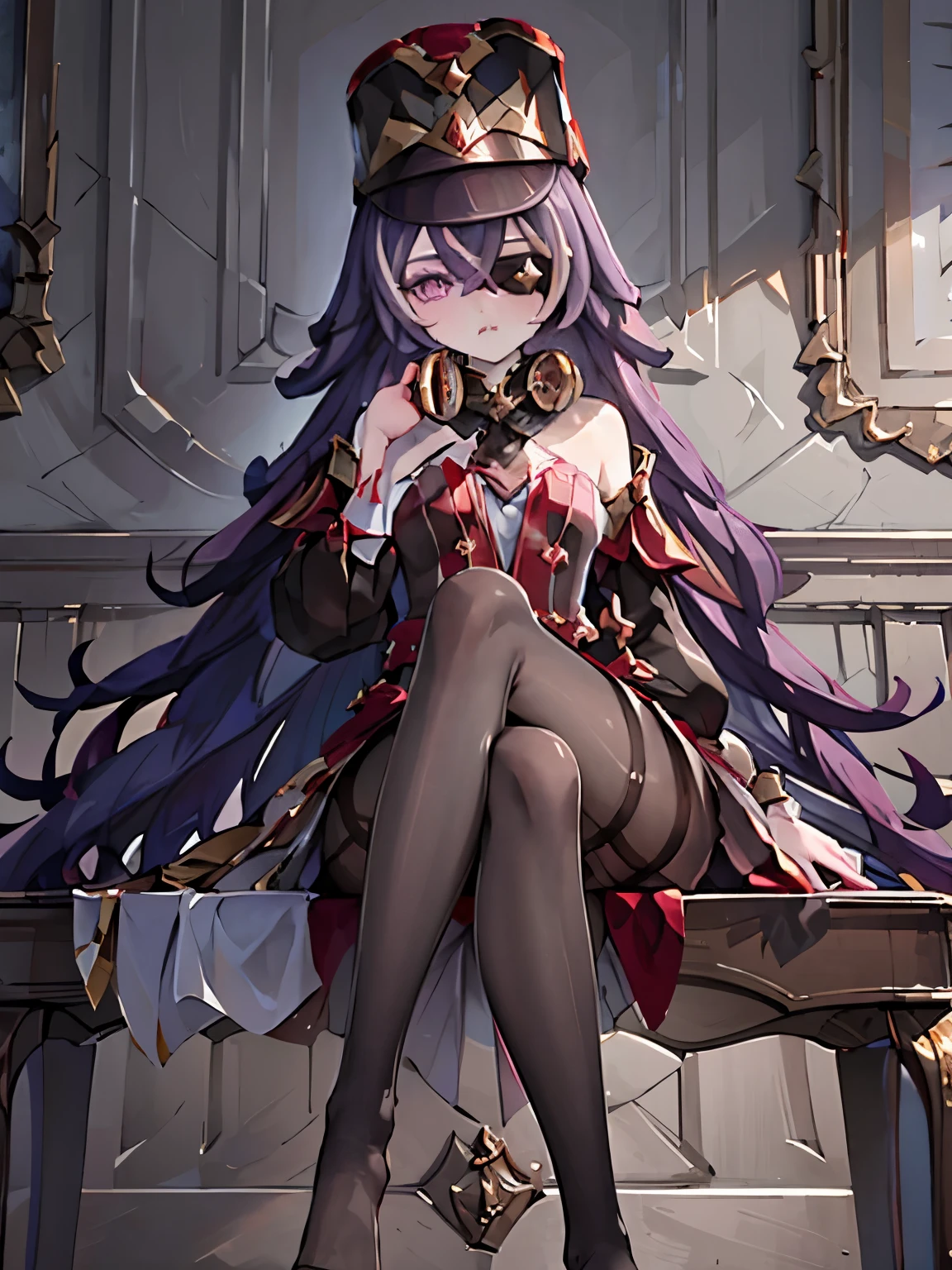 ((masterpiece,best quality)), 1girl, chevreuse, shako cap, eyepatch, detached sleeves, black pantyhose, no shoes, sitting, crossed legs, toes,