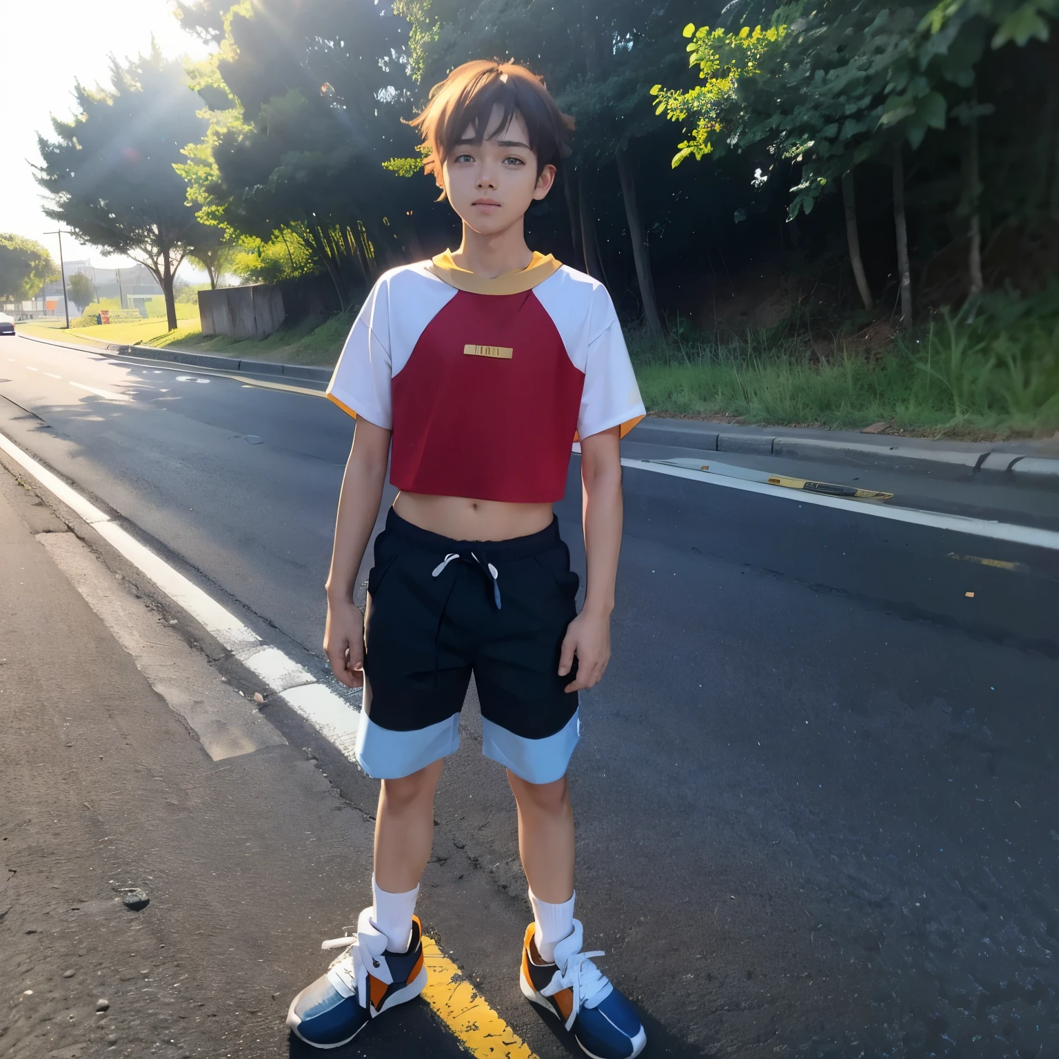 Chris 10 - 12 years, Chris wear crop top, he's wear crop top, he's standing on the road, sun day 