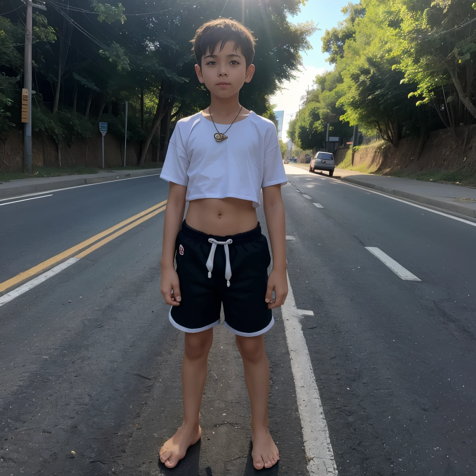 , boy wear crop top and short shorts, he's wear crop top, he is barefoot, he's standing on the road, sun day 