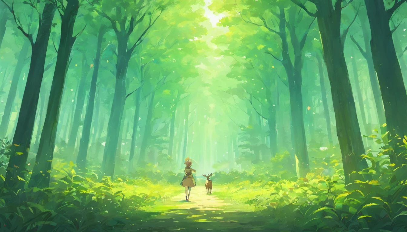 A forest with huge trees. The atmosphere is cold and dew wets the plants on the ground. In the distance you can see a deer and behind it you can see mountains immersed in clouds