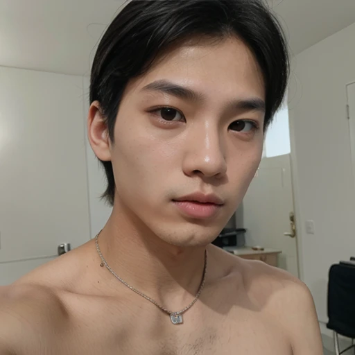 Um homem coreano, adolescente, com um piercing no canto da boca, pale skin, olhos encantadores, Pink lips, fazendo selfie