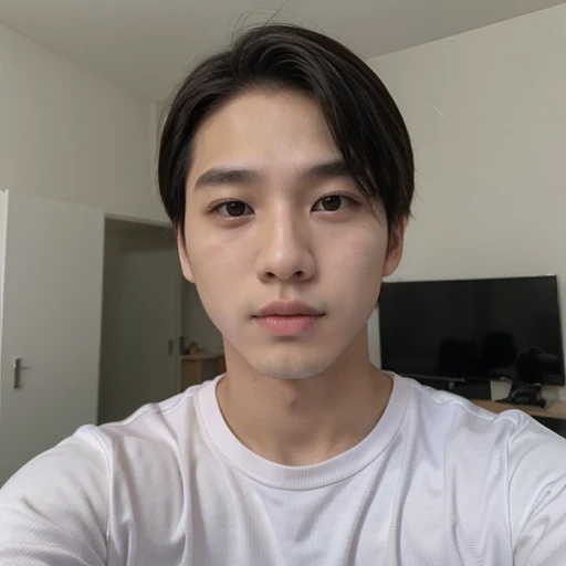 Um homem coreano, adolescente, com um piercing no canto da boca, pale skin, olhos encantadores, Pink lips, fazendo selfie