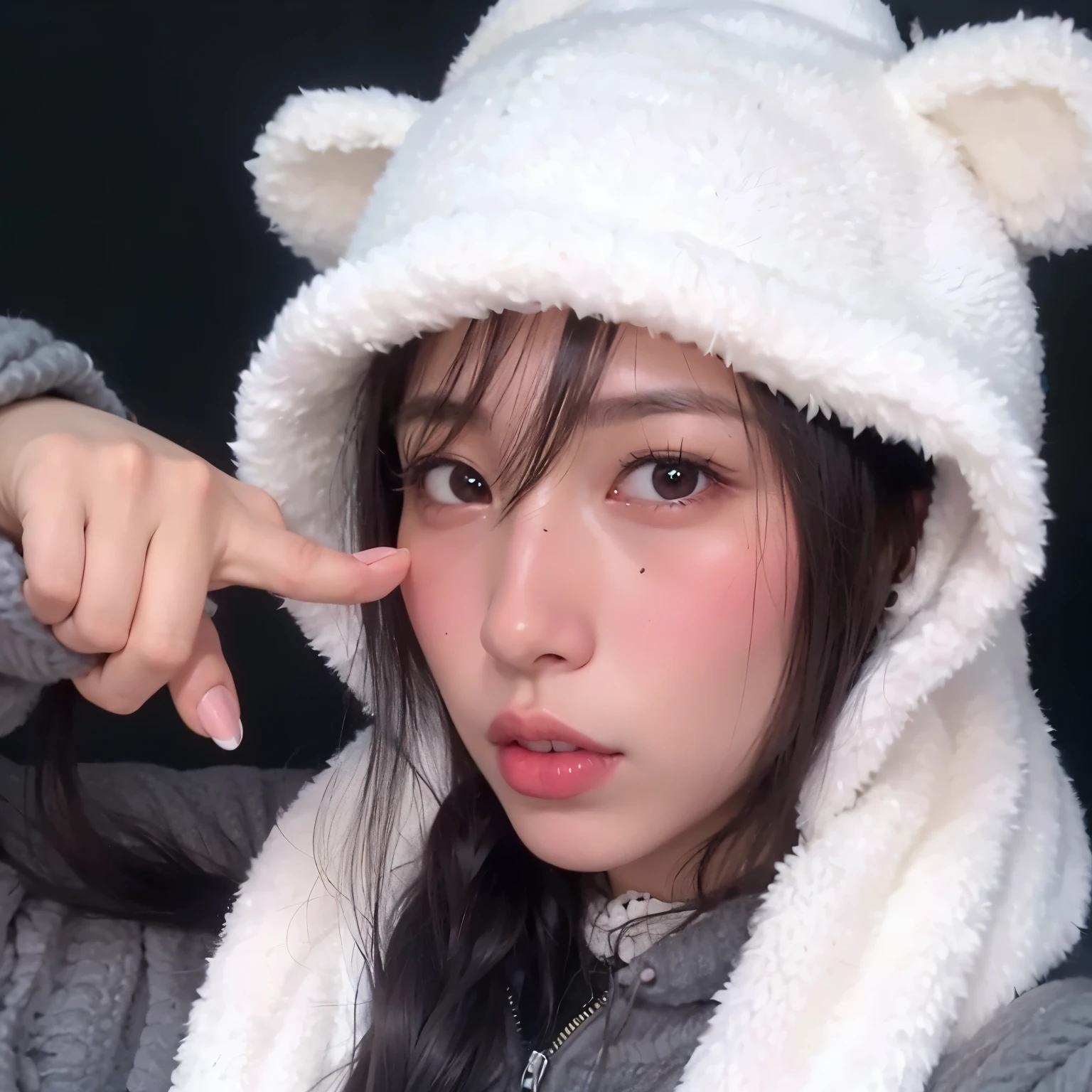 there is a woman in a bear hat pointing at her finger, shikami, Bela Delfina, chiho, Kemonomimi, twintails brancos_luvas, ruan fofo vtuber, frio como gelo! 🧊, fofo, Yoshitomo Nara, deayami kojima