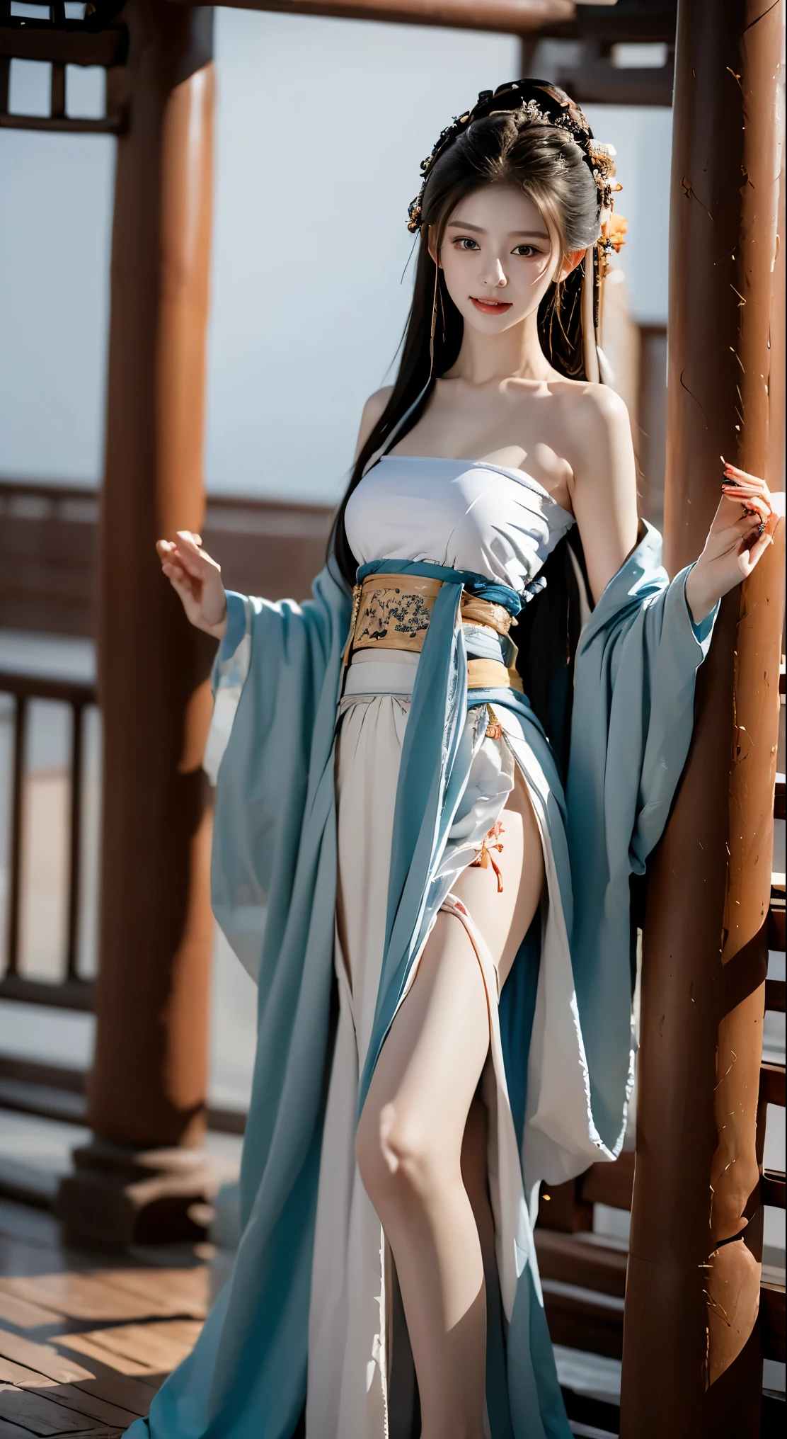 best picture quality,Very detailed,extremely high resolution,perfect body proportions,Works by top photographers。Beautiful Hanfu girl,long eyelashes,big eyes,shining eyes,lying silkworm,plump lips,small nose,a happy expression,Sweet,Exquisite makeup,full-body shot,snow White, Jade legs are thin and straight,snow white skin,naked,,imagine,Seven part shoot model: hanfu, CFG scale: 7, Lola: future fashion(0.4)、rainbow(0.4)、martial arts(0.2)、Asian face woman-2(0.4)、poetic fairy tale(0.01)