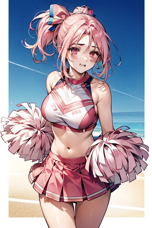 (細かく描かれたbeautiful目: 1.2), (small eyes and small face:1.3), (beautiful and clear background:1.2), (とてもbeautiful: 1.1), very detailed, sharp focus, intricate details, Glossy skin、dense hair description, Detailed description of the eyes, high quality, best image quality, masterpiece, 最high quality, High resolution, Super detailed, one woman, ((Pink hair and pink eyes)), (Cheerleader:1.5), ((Yellow pompons:1.0)), I'm rooting for you, (best smile), Angle of looking up、big breasts、perfect style、世界一beautiful、an illustration of a girl dressed in a cheer leading outfit poses for the camera in a yard, 1 girl, alone, Yellow pompons (cheer leading), Cheerleader, pink shoes, yellow skirt, raise your arms, absurd, 8K, High resolution, Super detailed, beautiful, table top, 最high quality, she's a very cute woman, young, sexy, (very big breasts:1.5), knowledgeable woman'face, very attractive