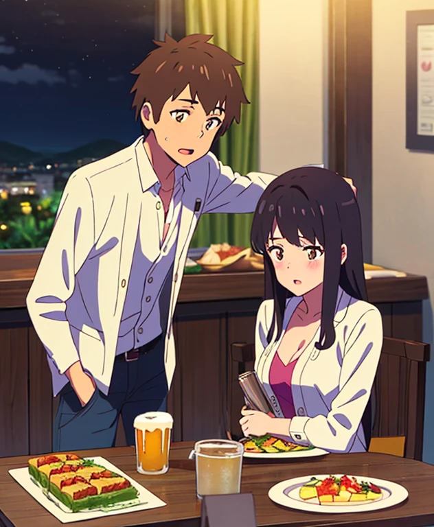 shinkai makoto, kimi no na wa., 1boy, buzzcut, office attire, boy's arms placed over girl's shoulder, drunk, boy sit beside girl, 1girl, bangs, black hair, brown eyes, open mouth, blush, twisted half up, red ribbon, long hair, long sleeve light yellow cardigan, open shirt, white shirt, cleavage, breast, medium breast, blue pants, drinking party,nomikai, table, food drinks, beer, indoors, night, masterpiece, perfect anatomy, cowboyshot, 3boys with it's unique hair and faces
