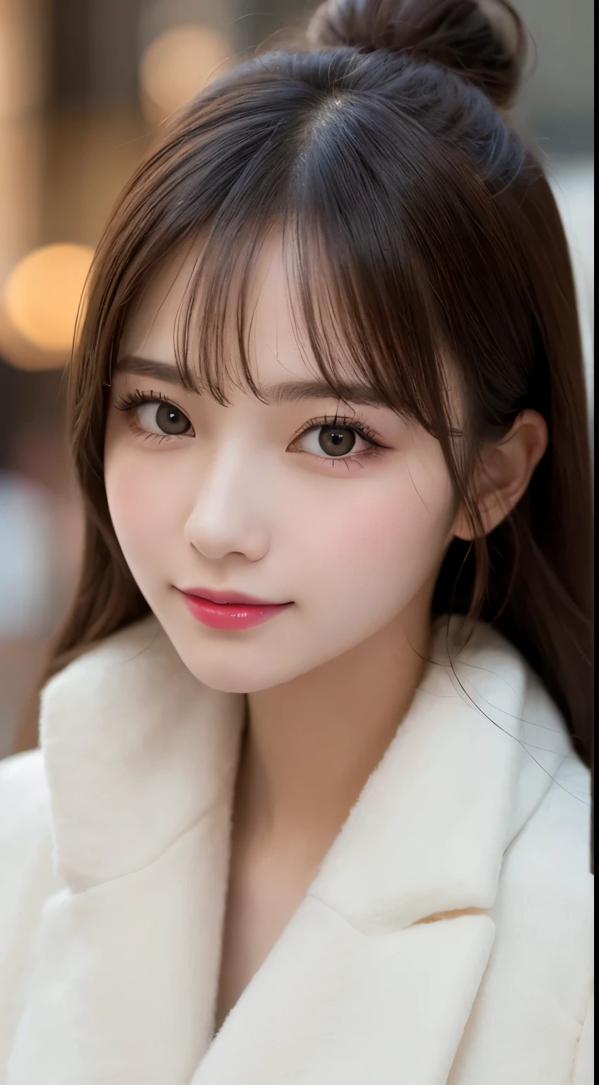 table top, highest quality, shape, Super detailed, finely, High resolution, 8k wallpaper, 完璧なダイナミックな構shape, beautiful and detailed eyes, Gorgeous and stylish black fluffy latest trend Tokyo winter clothes,ランダムなcute髪,small breasts,natural color lip, bold sexy pose,smile、20 year old girl、cute、sexy shot looking at camera,Always blur the background,perfect and beautiful face,Take only the face,beautiful and detailed face、slim face and style,Big eyes、Do gal makeup,real photos、luxury brand mink coat
