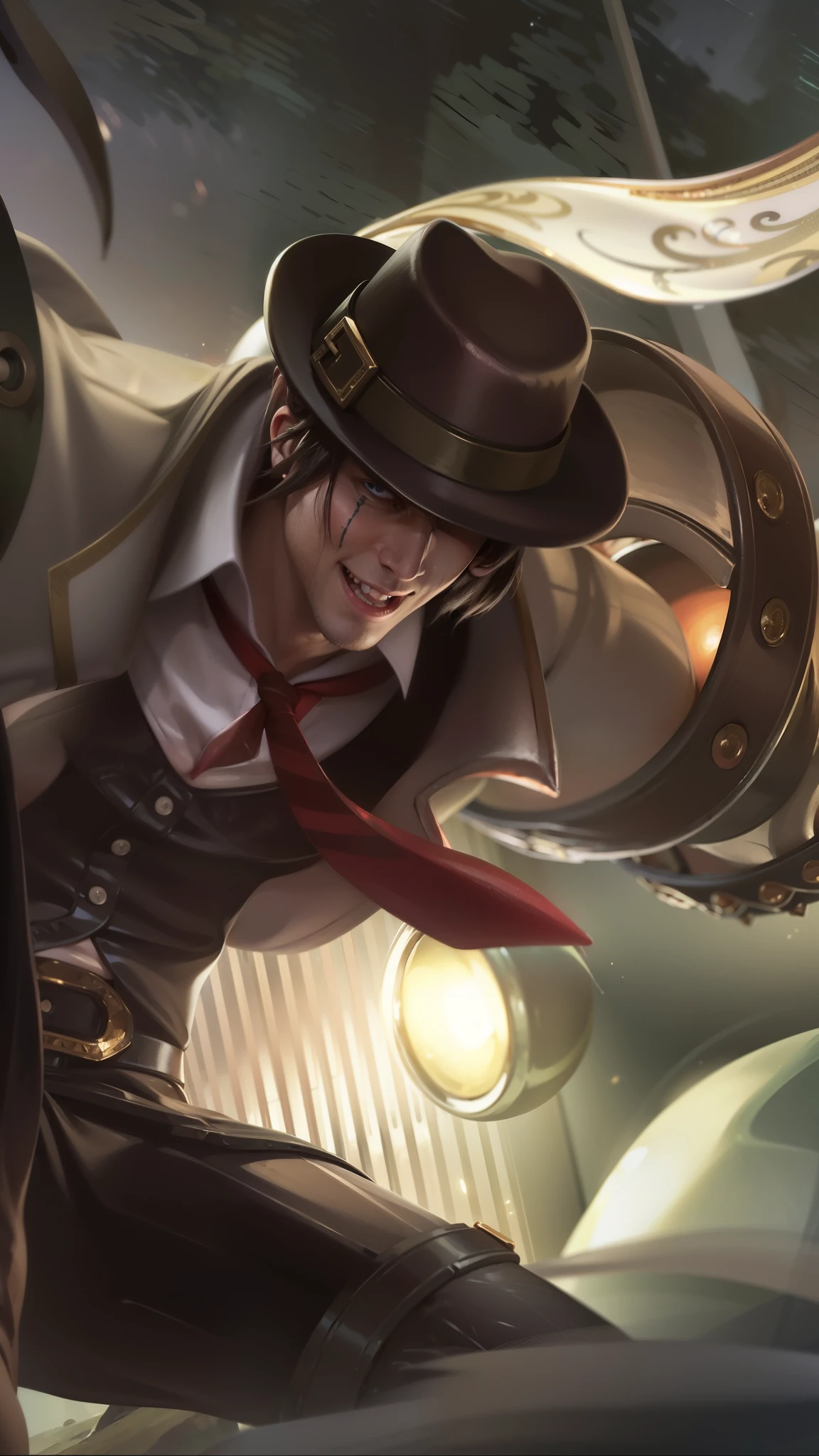 masculine male, masterpiece, ((perfect eyes)) best quality, (semirealism:1.9), beautiful lighting, (extremely detailed CG unity 4k fhd wallpaper), High Detail, Sharp focus, dramatic outdoors,40 years old, brown short hair, blue eyes, smile, Boy with two big horns, big earrings on ears, elf ear, red eyes, Thick eyebrows, evil smile, grinning,red body, red face, Burning skin, yellow diamonds glistening on chest, burning red skin,golden robe behind, big white belt , 8k , realistic, scary.