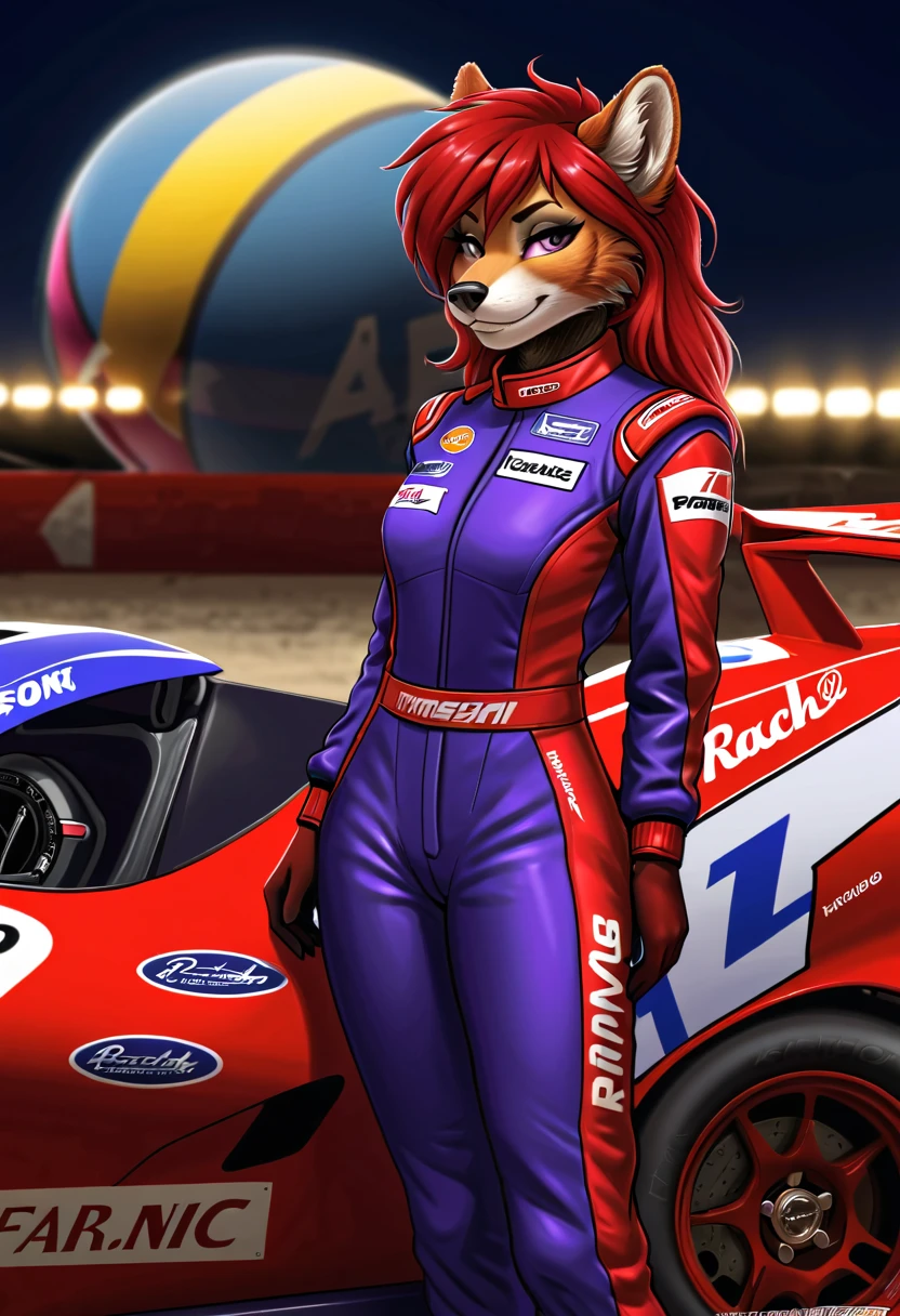 an anthropomorphic, female, hairy vixen, she has Rachel-style red hair, her eyes are blue and well detailed, her body is well defined and detailed, she is wearing a purple racing driver suit with the word Genix written on the suit, she is standing at the side of a red racing car, she is looking at the viewer, 2d art style.
