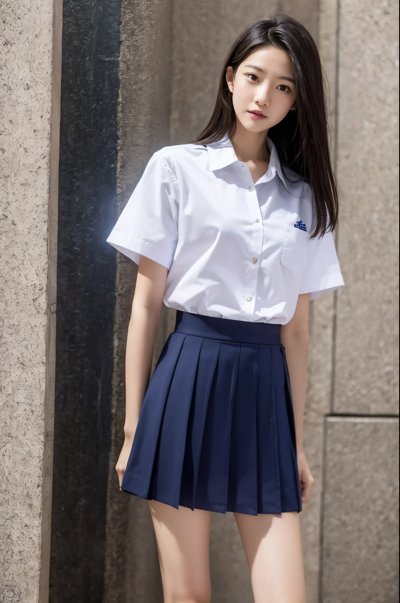 school uniform, standing, micro miniskirt