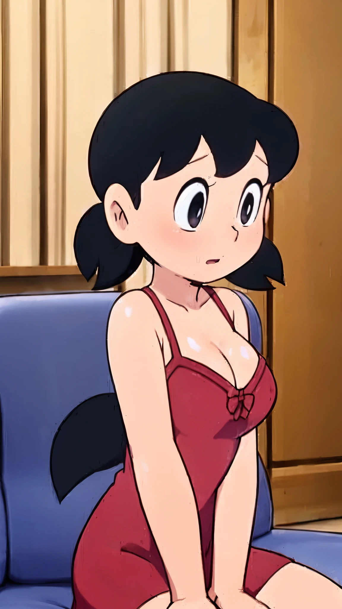 1 girl, alone, Upper body, red skirt, Off the shoulder dress,Slip dress,black hair, Double tail, big breasts, short Double tail, backrest on sofa,