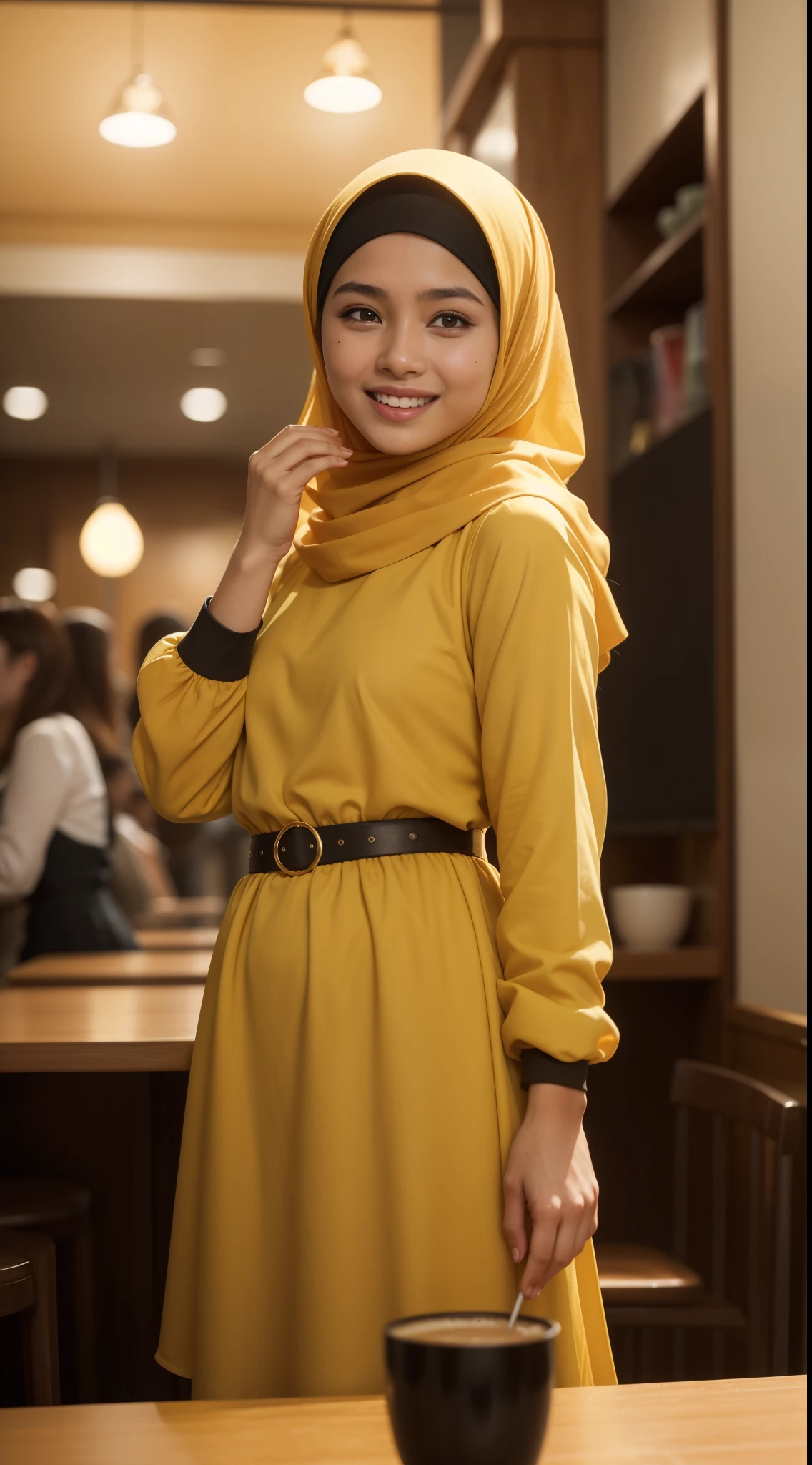 Malay girl in hijab, very long golden brown hijab,wear yellow mustard long sleeve modest baju kurung, laughing and posing with hand on hip, from front view, windy, detail skin, age spot, detail skin texture, mole below eyes, small breast, flat chest, wide hips, small waists, thick thighs, beautiful body, nighttime, laughing, happy, cool ambient, crowded cafe, blur background, bokeh, cinematic lighting, Super 8mm lense, Extreme close-up, deep focus cinematography effect, Natural Lighting, pastel color grading, high quality, ultra detail, 8k resolution