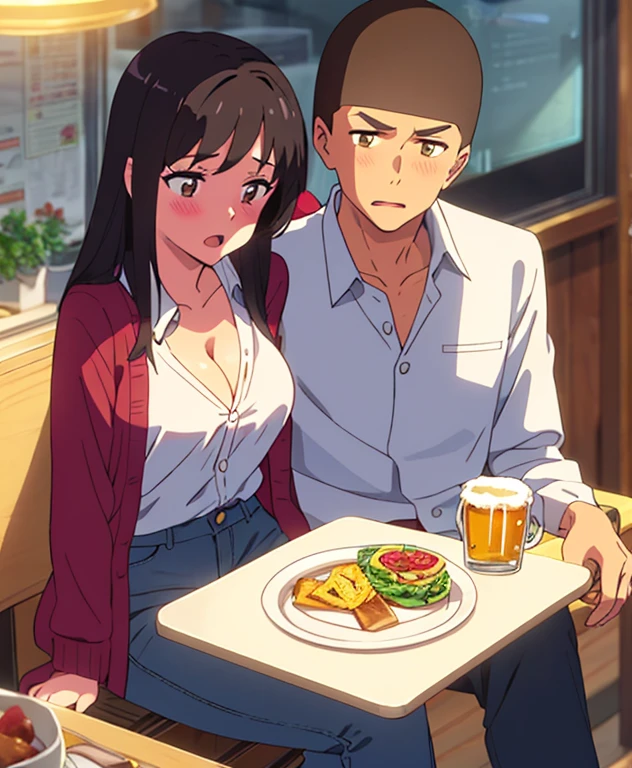 shinkai makoto, kimi no na wa., 1boy, buzzcut, office attire, boy's arms placed over girl's shoulder, drunk, boy sit beside girl, 1girl, bangs, black hair, brown eyes, open mouth, blush, twisted half up, red ribbon, long hair, long sleeve light yellow cardigan, open shirt, white shirt, cleavage, breast, medium breast, blue pants, drinking party,nomikai, table, food drinks, beer, indoors, masterpiece, perfect anatomy, cowboyshot,