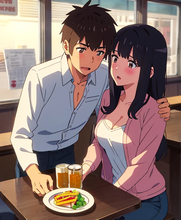 shinkai makoto, kimi no na wa., 1boy, buzzcut, office attire, boy's arms placed over girl's shoulder, drunk, boy sit beside girl, 1girl, bangs, black hair, brown eyes, open mouth, blush, twisted half up, red ribbon, long hair, long sleeve light yellow cardigan, open shirt, white shirt, cleavage, breast, medium breast, blue pants, drinking party,nomikai, table, food drinks, beer, indoors, masterpiece, perfect anatomy, cowboyshot,