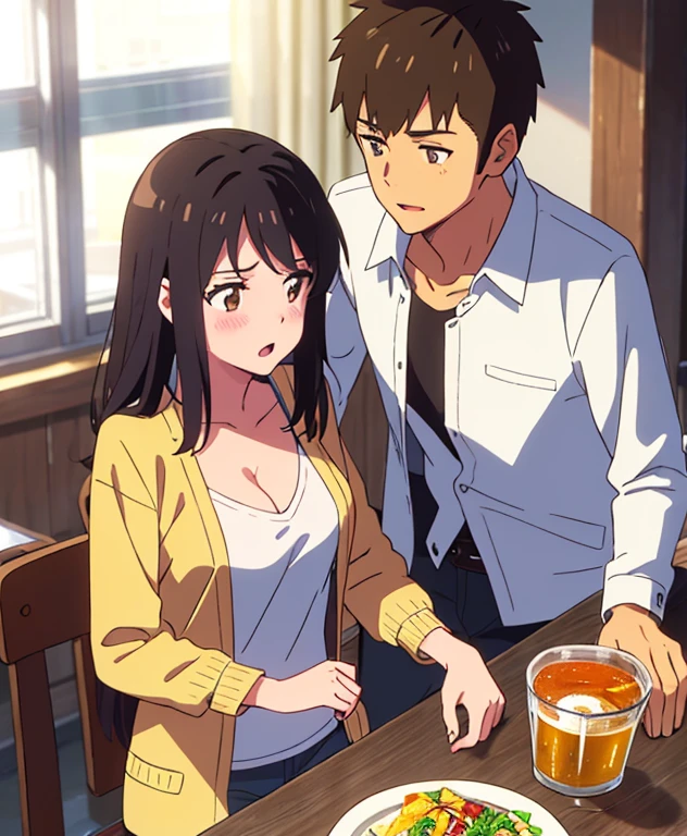 shinkai makoto, kimi no na wa., 1boy, buzzcut, office attire, boy's arms placed over girl's shoulder, drunk, boy sit beside girl, 1girl, bangs, black hair, brown eyes, open mouth, blush, twisted half up, red ribbon, long hair, long sleeve light yellow cardigan, open shirt, white shirt, cleavage, breast, medium breast, blue pants, drinking party,nomikai, table, food drinks, beer, indoors, masterpiece, perfect anatomy, cowboyshot, 