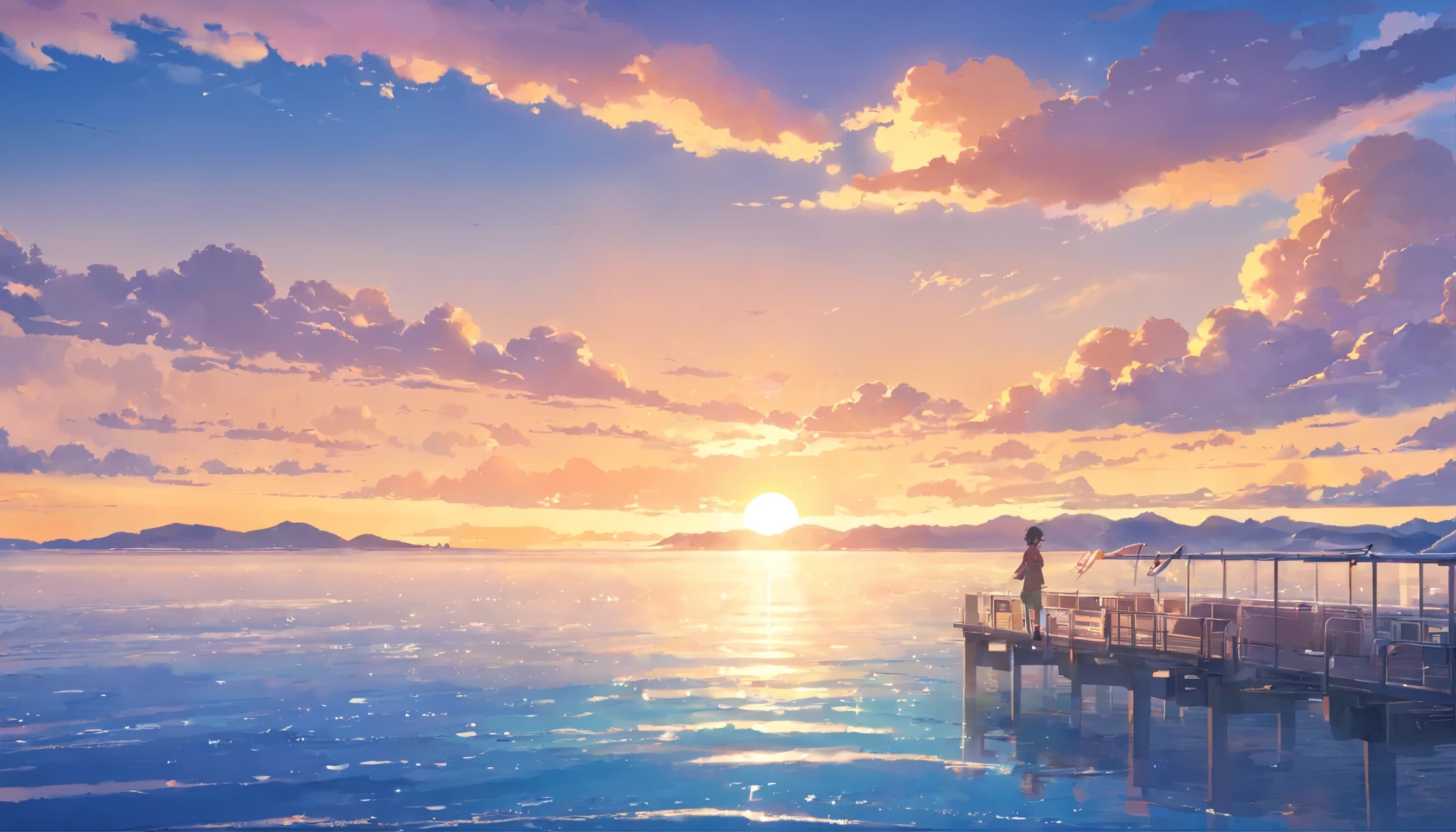 master piece、highest quality、exterior、big The South winter With background cloud evening sunset Calm Sea Illustration Healing Department