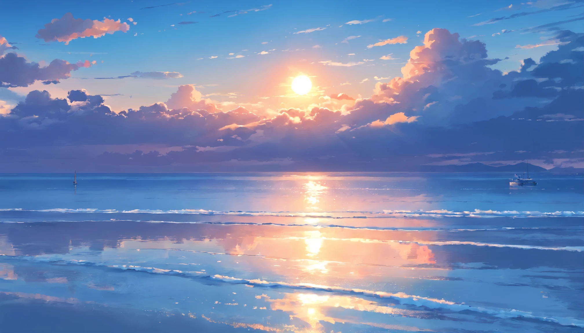 master piece、highest quality、exterior、big　The South　winter　With background　cloud　evening　sunset　Calm Sea Illustration Healing Department
