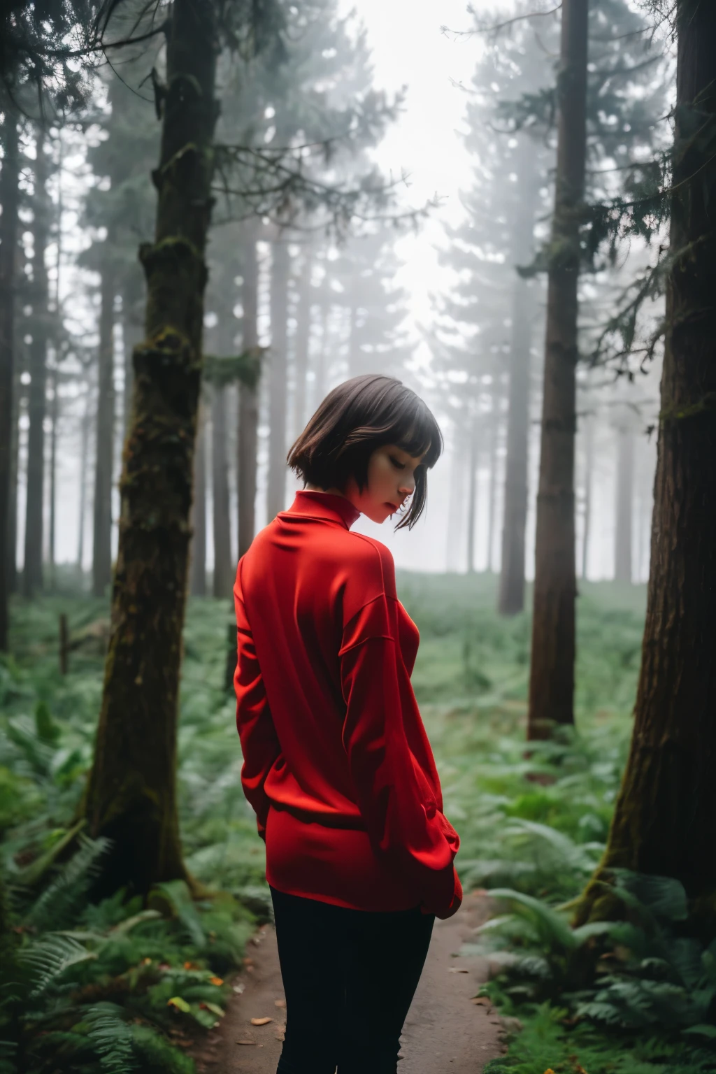 in the forest,,looking sideways,back view,Standing in the center,Red clothes,Leica,35mmf1.4,In the fog,dramatic writing,Photoreal,big lake in front,