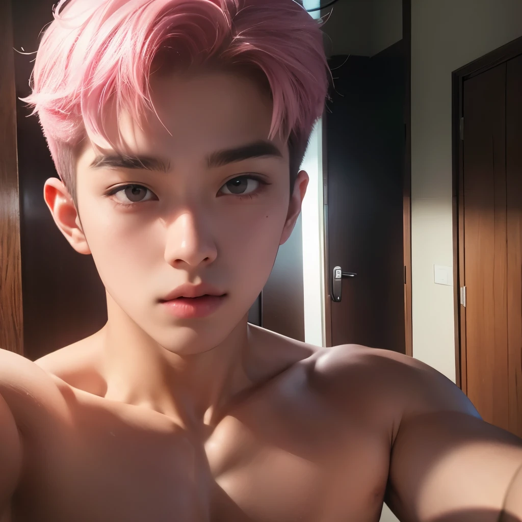 Um homem coreano, adolescente, com um piercing no canto da boca, pale skin, olhos encantadores, Pink lips, fazendo selfie