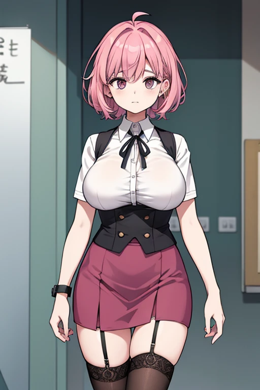 Female, 42 years old、mature woman、shortcut、pink hair color、big breasts、chest、Tight Skirt、garter belt、Black clothes