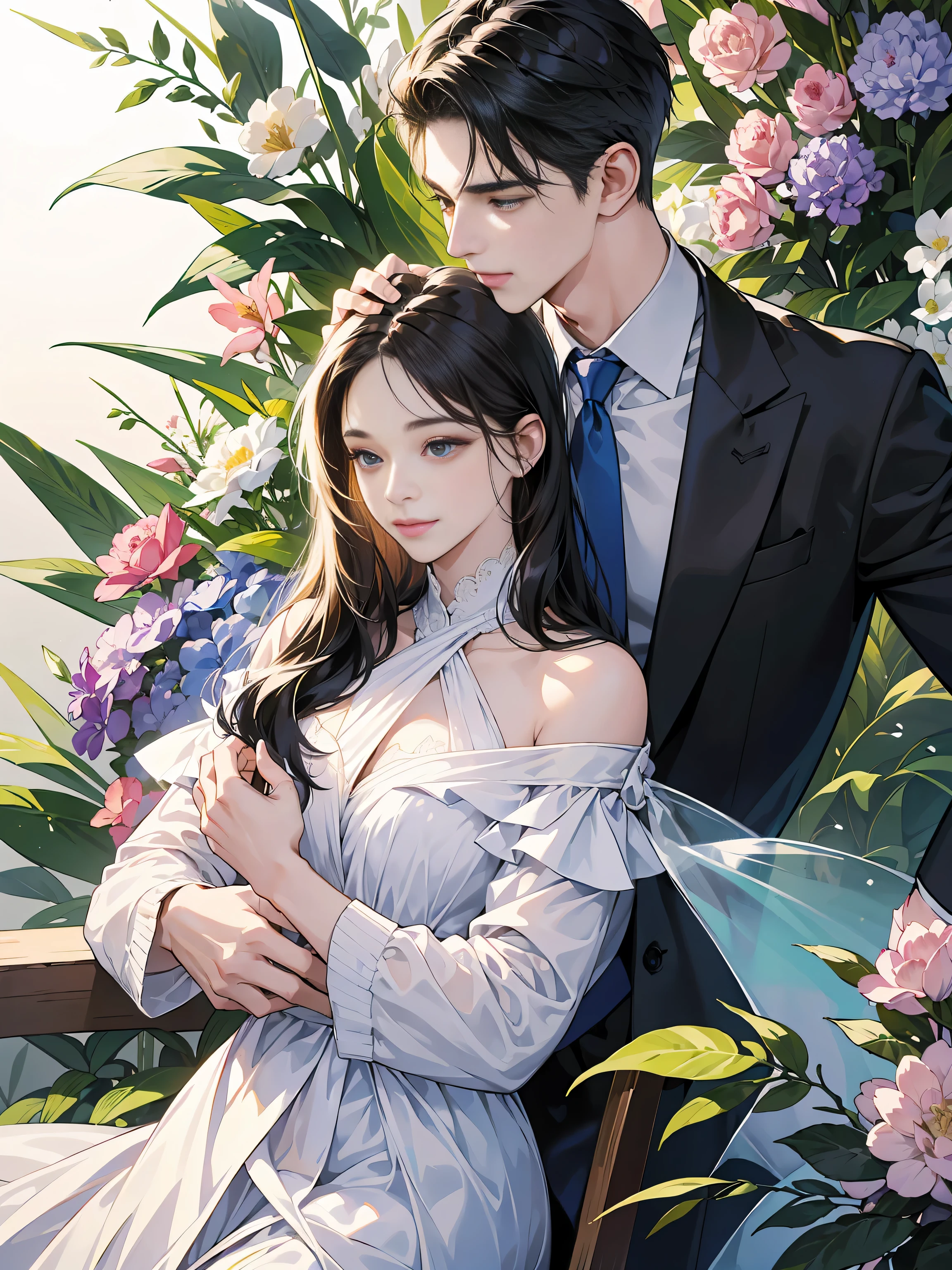 (table top, digital art, digital illustration, 4k, 8k, Super detailed, beautiful images, clear image, realistic, RAW photo, perfect face, perfect lines, perfect eyes, soft lighting) ,1 female, (long black hair,straight hair,bullish look,Beautiful woman,small breastake up well,23 years old,:1.3),Two handsome men in suits, (human,muscular,solid shoulder width, human,boyish hairstyle,british gentleman's style,A man in his 30s with a cool expression,28 year old man with a bright 笑顔:1.2),Show your white teeth and 笑顔(embarrassing,shy smile:1.1),garden full of light、resort sofa、colorful flowers、couple、coupleキス、romance porn、ハグし合うcouple、look at each other、wear sunglasses