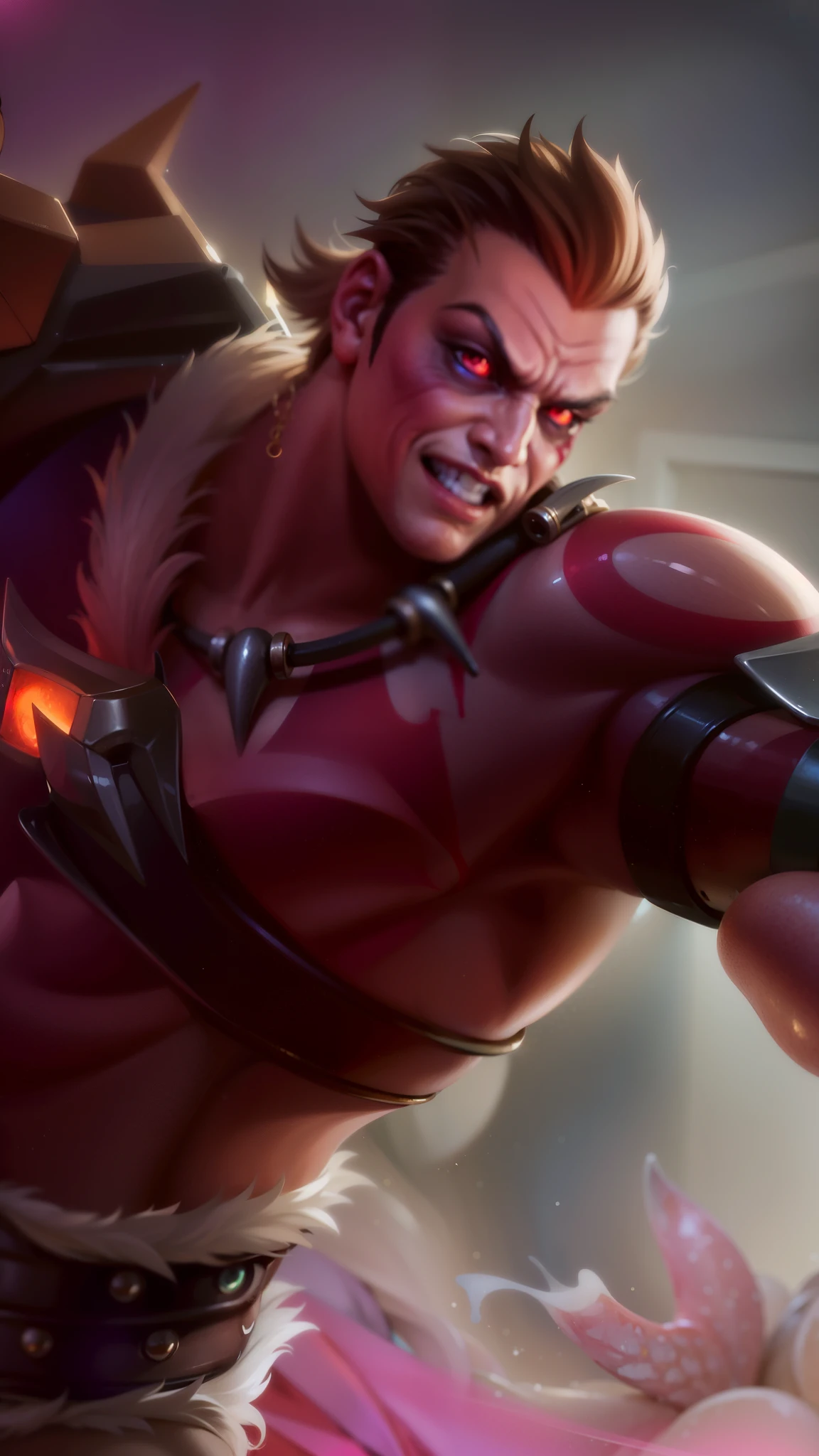 masculine male, masterpiece, ((perfect eyes)) best quality, (semirealism:1.9), beautiful lighting, (extremely detailed CG unity 4k fhd wallpaper), High Detail, Sharp focus, dramatic outdoors,40 years old, brown short hair, blue eyes, smile, Boy with two big horns, big earrings on ears, elf ear, red eyes, Thick eyebrows, evil smile, grinning,red body, red face, Burning skin, yellow diamonds glistening on chest, burning red skin,golden robe behind, big white belt , 8k , realistic, scary.
